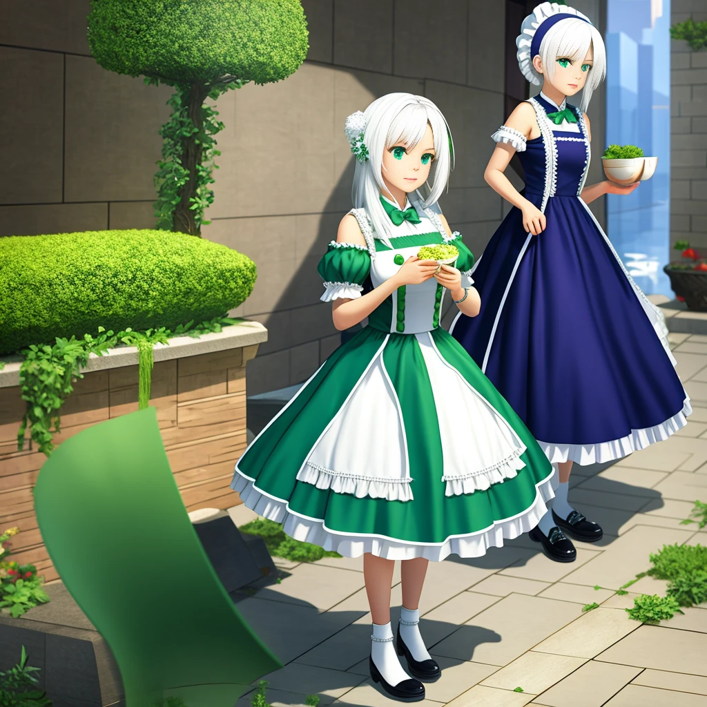 (masterpiece, top quality, best quality), pixel, pixel art, 1girl, full body, white hair, green eyes, blue maid dress