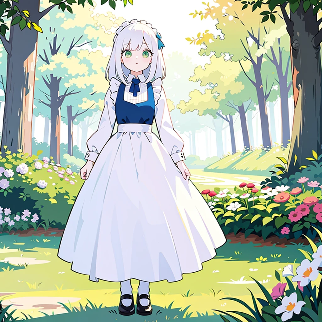 (masterpiece, top quality, best quality), pixel, pixel art, 1girl, full body, white hair, green eyes, blue maid dress