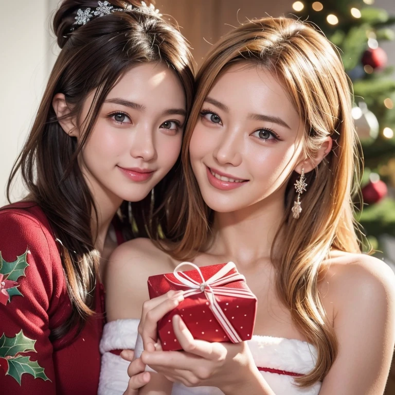 (((Christmas card style design)), SFW, Two girls, Christmas Style, christmas fashion, 8K, ((masutepiece)),(((top-quality))),((Ultra-detailed)),((((Realistic)))), Photorealsitic:1.37, (A hyper-realistic), (illustratio), (hight resolution), (ighly detailed), (best illustration beautiful detailed eyes), (ultra-detailliert), (wall-), (详细的脸), (beautiful smiling face), (Beautiful expression), ((Details Top quality skins:1.2)), ((Moisturizing skin)), ((Reddish blush)), gift coordination, Cool Beauty, Blonde colored hair, Christmas wrapped detailed background, ((They happily exchanged gifts))