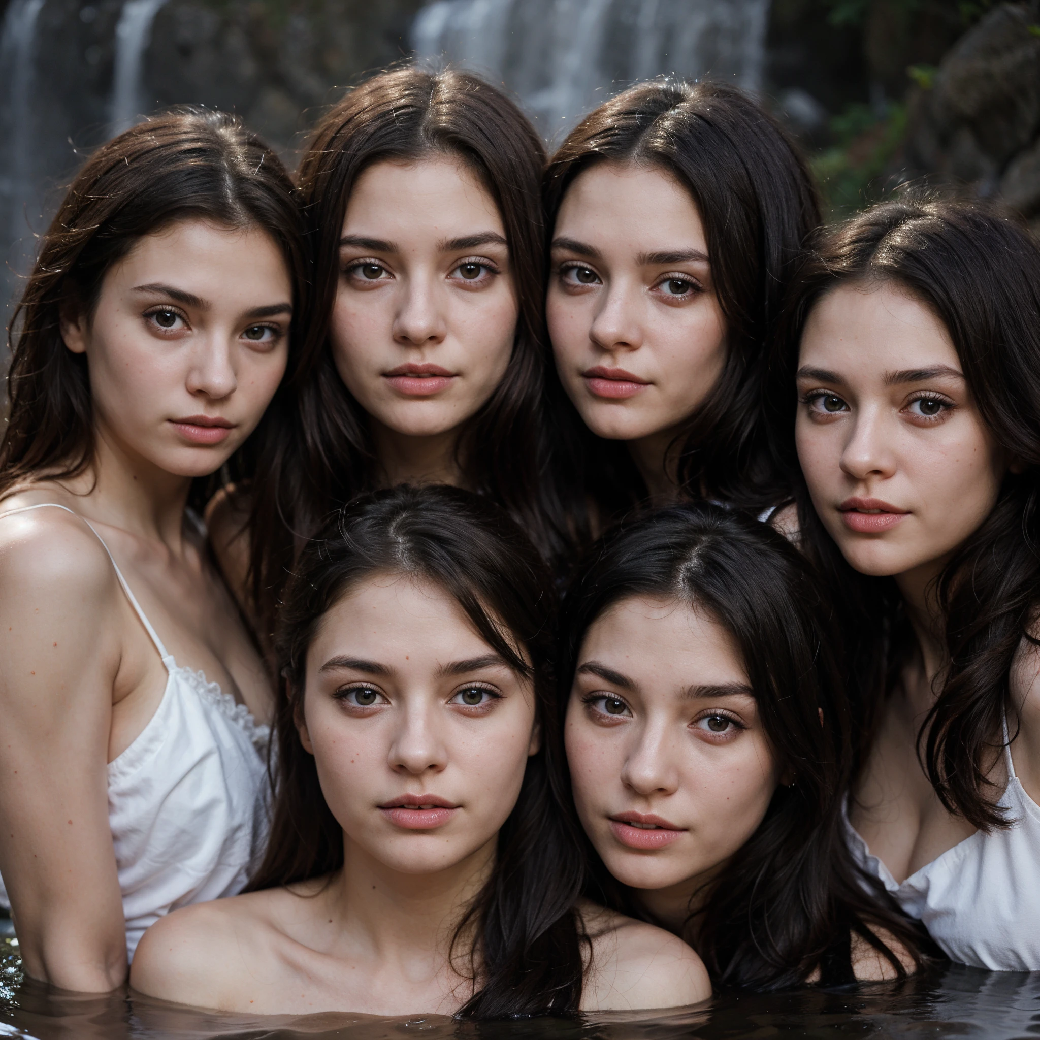 3 beautiful girl on a waterfall
Extreme detailed face and eyes
In the beautiful midnight
