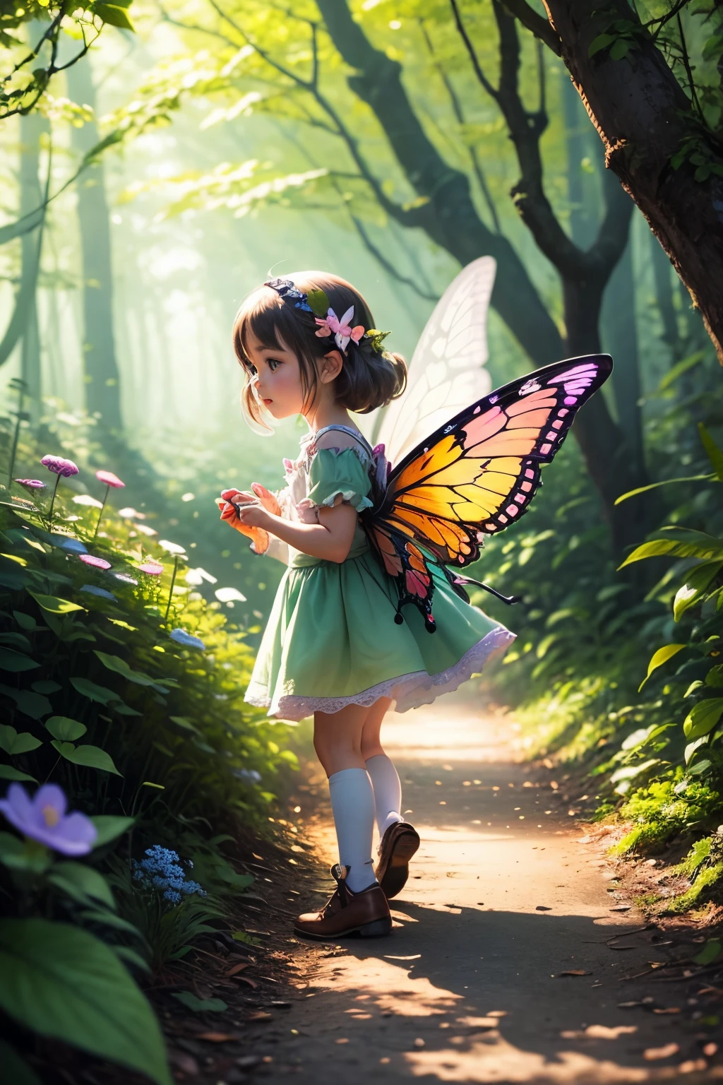 little fairy with butterfly wings, walking through an enchanted forest, bright clothes with flower details, colors that remind us of nature