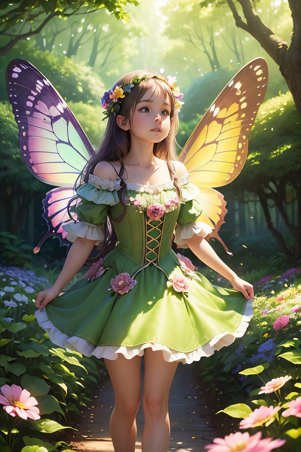 A beautiful girl in a fairy costume, surrounded by flowers and butterflies. Content: watercolor painting. Style: whimsical and delicate, like a children’s book illustration.