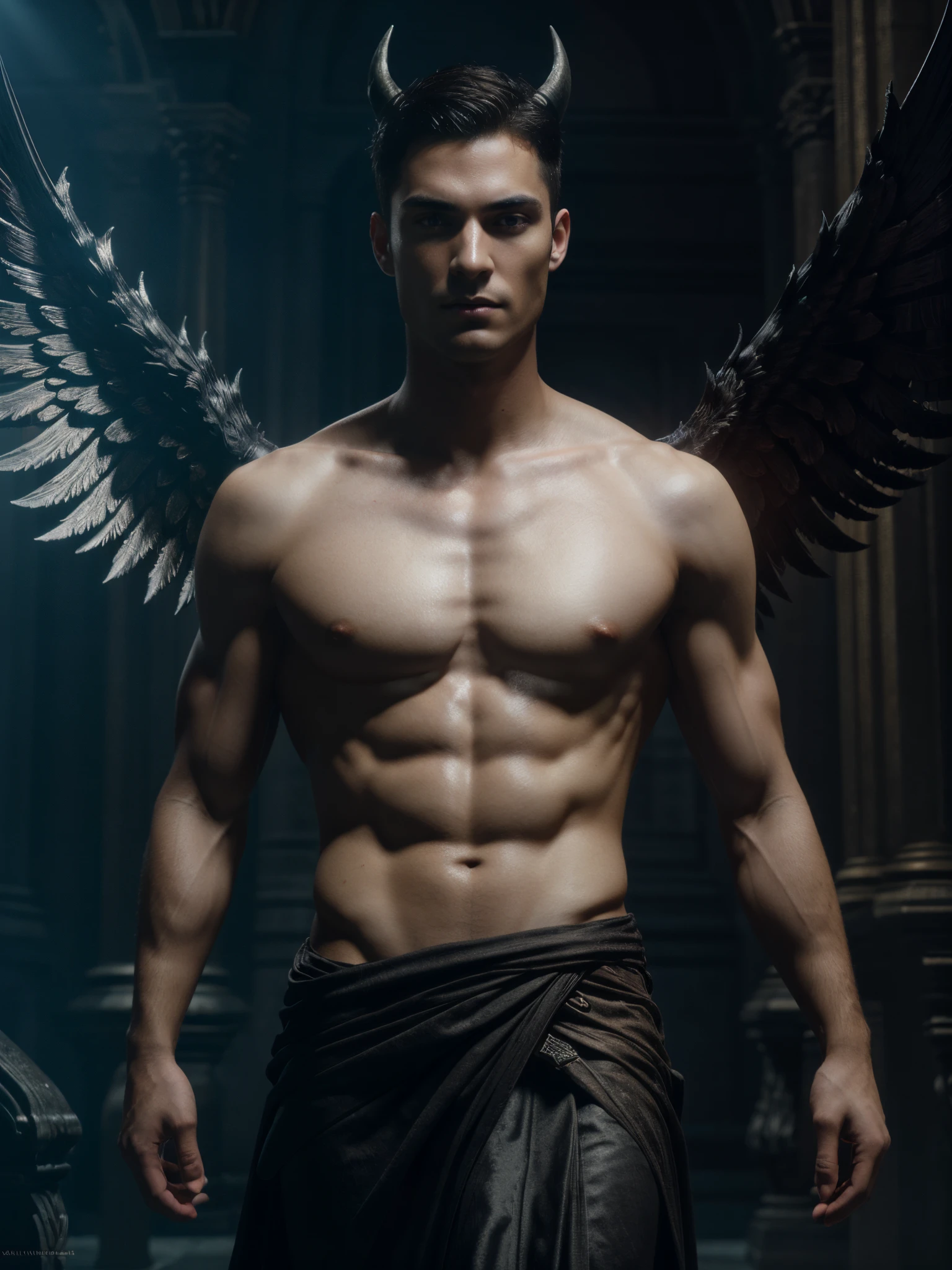 ((masterpiece)),((bestquality)),8k, high detailed, ultra-detailed, Stylish Pose, real skin texture, cinematic lighting, 21 year old male model, handsome, cute looking, dark evil look, black demon horns, white pale skin, blue eyes, short brown messy hair, strong jawline, masculine, defined fit body, muscular, hairless chest, evil aesthetic. gothic architecture, hellfire ground, black massive huge angel wings, spartan loincloth, male skirt, dim light, dark atmosphere, cinematic lighting, backlight, Depth of field, award-winning photography, elegant, hyperrealistic, octane render, unreal, high definition, 8k resolution, highly detailed, 8k uhd, professional lighting, photon mapping, radiosity, physically-based rendering