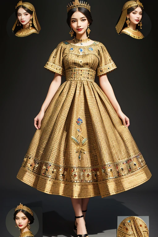 ((Masterpiece, best quality,edgQuality)),seductive smile, woman,standing up,posing for a picture,
edgByz, a woman wearing a dress with embroidery,crown ,wearing edgByz fashion, mosaic golden print
gigantic breasts, (reference sheet:1.3)