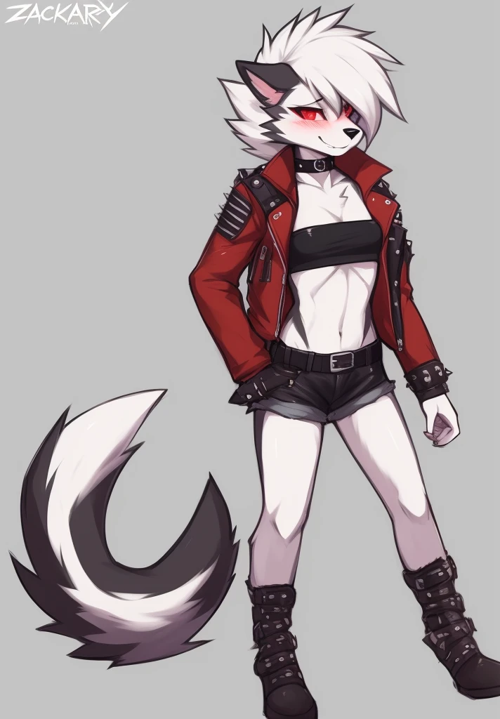 zackary911, by zackary911, anthro, lycanroc, hellhound, ((dark grey fur)), female, solo, 1woman, ((very small breasts)), ((tiny breasts)), leather shorts, husky tail, ((shaggy hair)), ((short white hair)), on e621, choker, leather collar, detailed body, punk style, red sclera, white pupils, digitigrade legs, embarrassed smile, blushing, inviting viewer, ((tube top)), ((mad max jacket)), shoulderpad on right shoulder, Inn