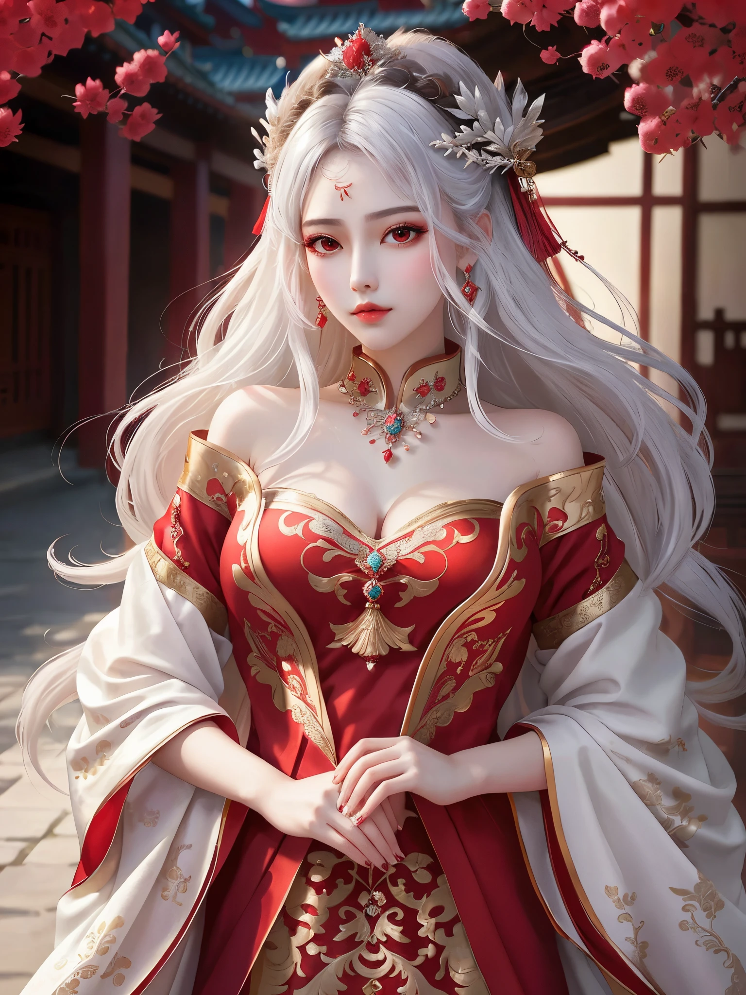 (extremely detailed CG unity 8k wallpaper,masterpiece, best quality, ultra-detailed),(best illumination, best shadow, an extremely delicate and beautiful), 1 lady (solo), pretty face, detailed face, (red eyes). deatiled eyes, rosy skin, big round breast, exposed breasts, (full body: 0.5), Sexy, attractive body, slim, (white hair), (half-tied), hair covering one side, hairpin, (detailed hand), a beautiful fantasy empress, ((a beautiful fantasy empress)), palace, a girl in hanfu, (red dress), trending on cgstation, 🌺 cgsociety, artwork in the style of guweiz, Chinese style, Chinese palace background, (looking at viewer: 1.2), beautiful digital artwork, 8k high quality detailed art