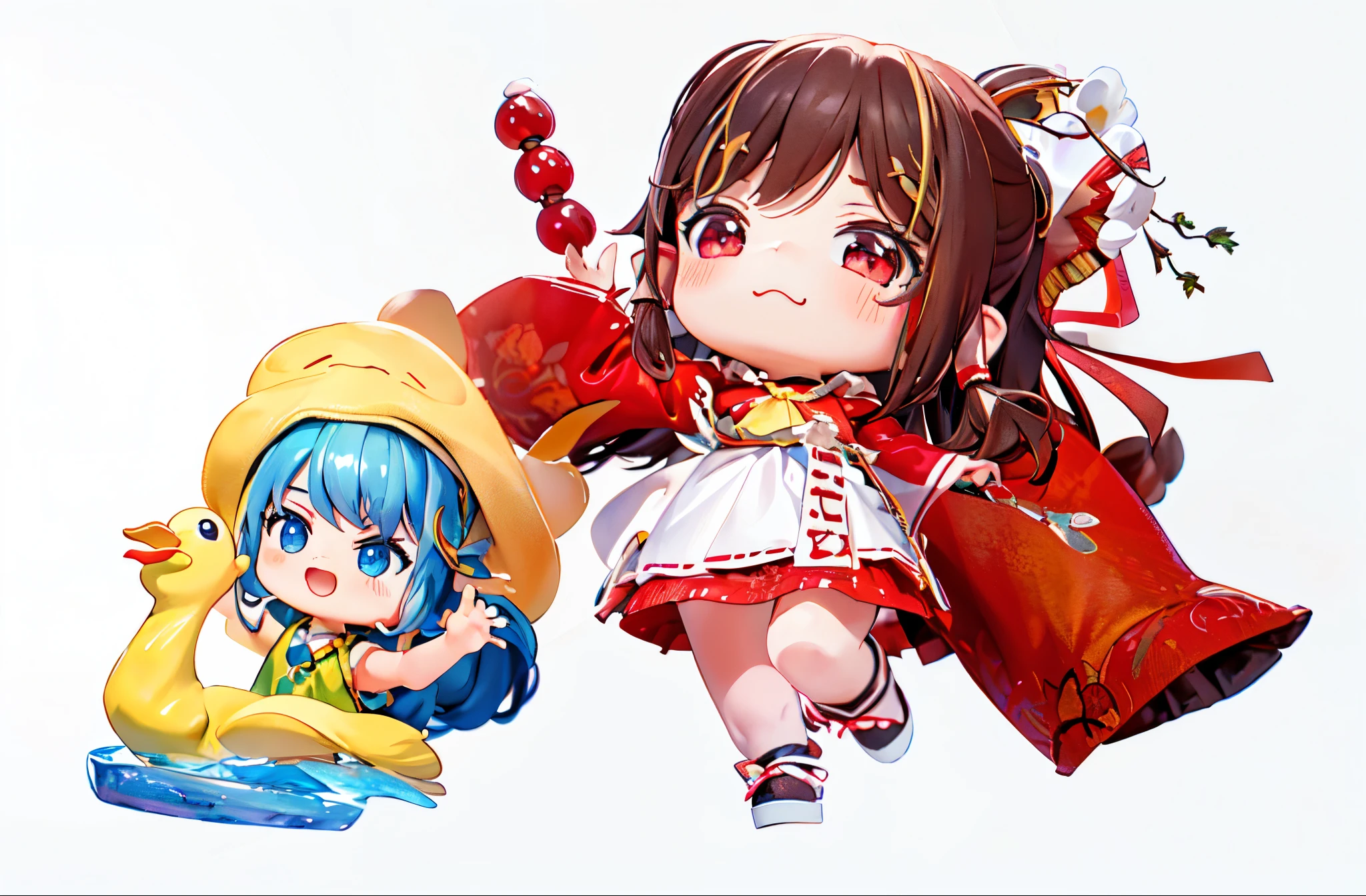 Anime characters of a girl and a boy with ducks, Artistic rendering of Hakurei Reimu, Aspiring character, A scene from the, projected, Nendoroid style, stylized anime, Boli Lingmeng, touhou, change, Rendering of a cute 3D anime girl, Clay people, Character art of Maple Leaf Story