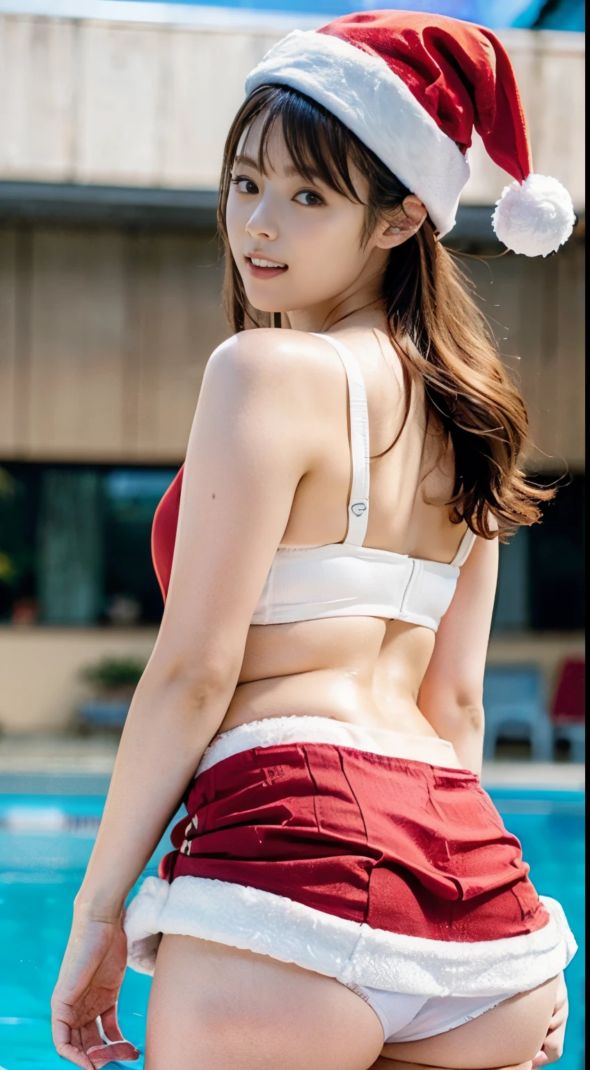 (((solo person))),(((Beautiful young actress poses with her hands against the wall by the indoor pool))),(((masutepiece:1.6))),(((ulzzang-6500))),(((perfect anatomia:1.4))),(((Deep depth of field with Hasselblad))),(((beautiful slim waistline))),​masterpiece,top-quality,超A high resolution,High resolution upper body portrait from a distance,(photographrealistic:1.4),(((High nose and chiseled beautiful face))),(((Long limbs like a model))),Pure white underwear is dazzling,(((Wearing a Santa Hat,Santa-like velor fabric white and red super mini skirt))),(((A photo taken from behind when looking back))),18year old,cute little,long and shiny chestnut hair,((Her voluptuous G-cup bust and narrow waistline are amazing),(((It&#39;s cute how he pouts his mouth))),A detailed eye,((Gravure photoshoot by the pool)),((Don't look at the camera)),Cute big eyes and long eyelashes,double eyelids with distinct spots,((shiny thick lips)),(((perfect anatomia:1.4))),