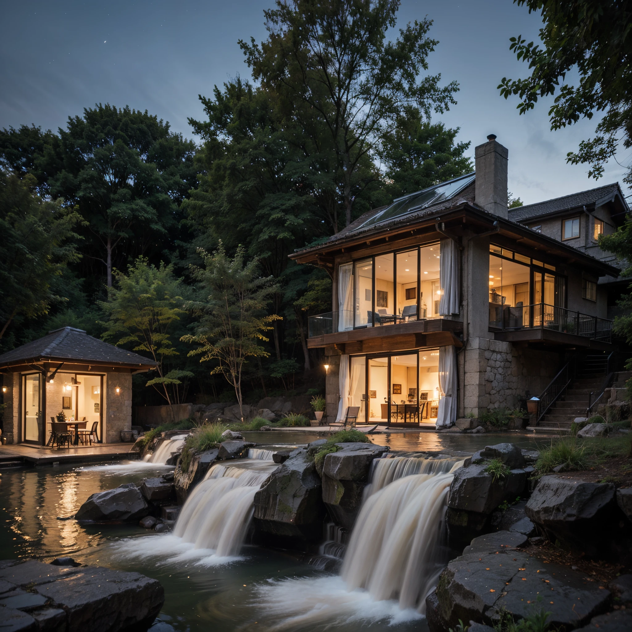 2 beautiful glass house on waterfall in the midnight time