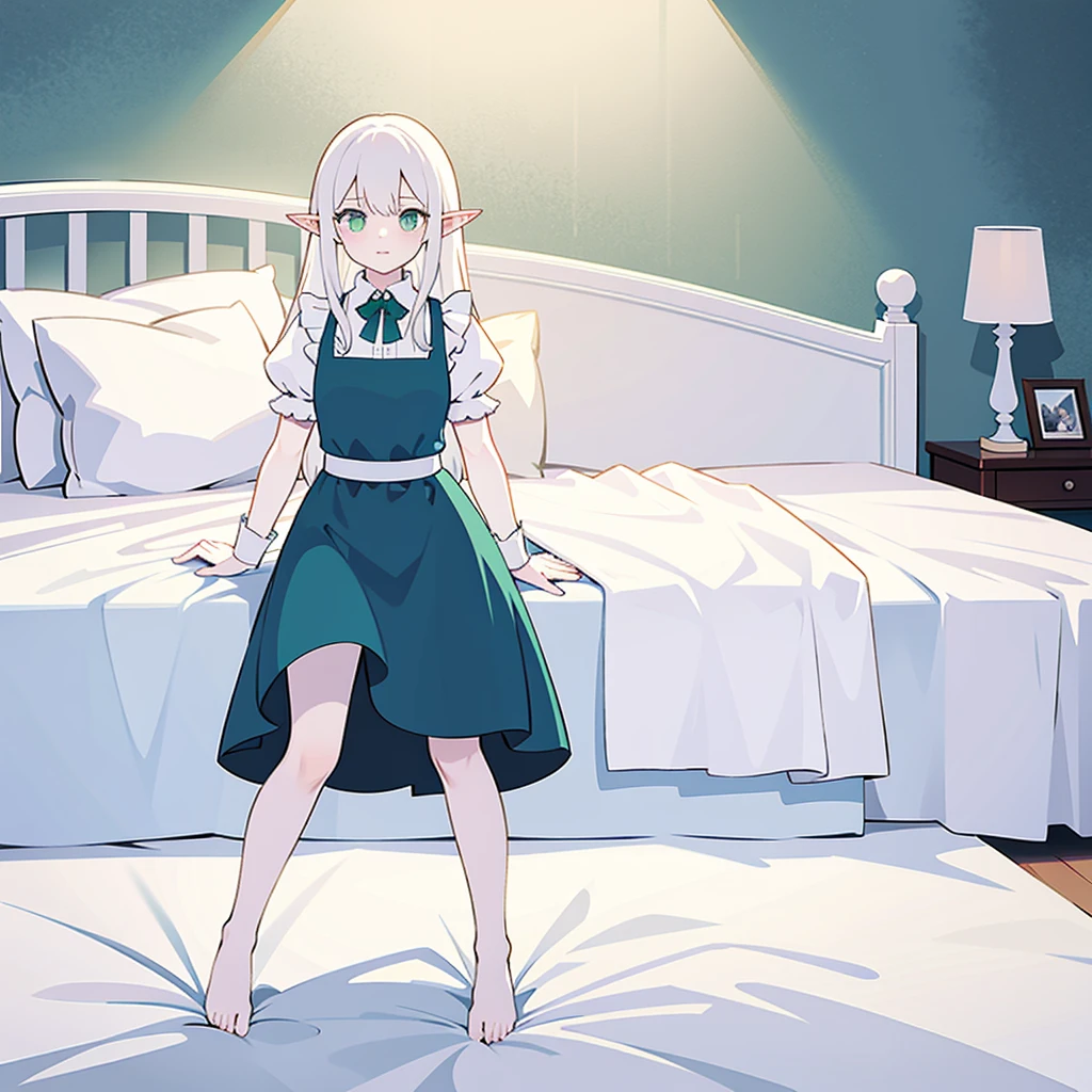 (masterpiece, top quality, best quality), pixel, pixel art, 1girl, full body, white hair, green eyes, blue maid dress, A photo of sexy beautiful elf female flexing warrior full body close-up shot looking to the viewer, top quality, high quality, high definition, 4K, inside a bedroom background, bed, pillow, sheet, barefoot