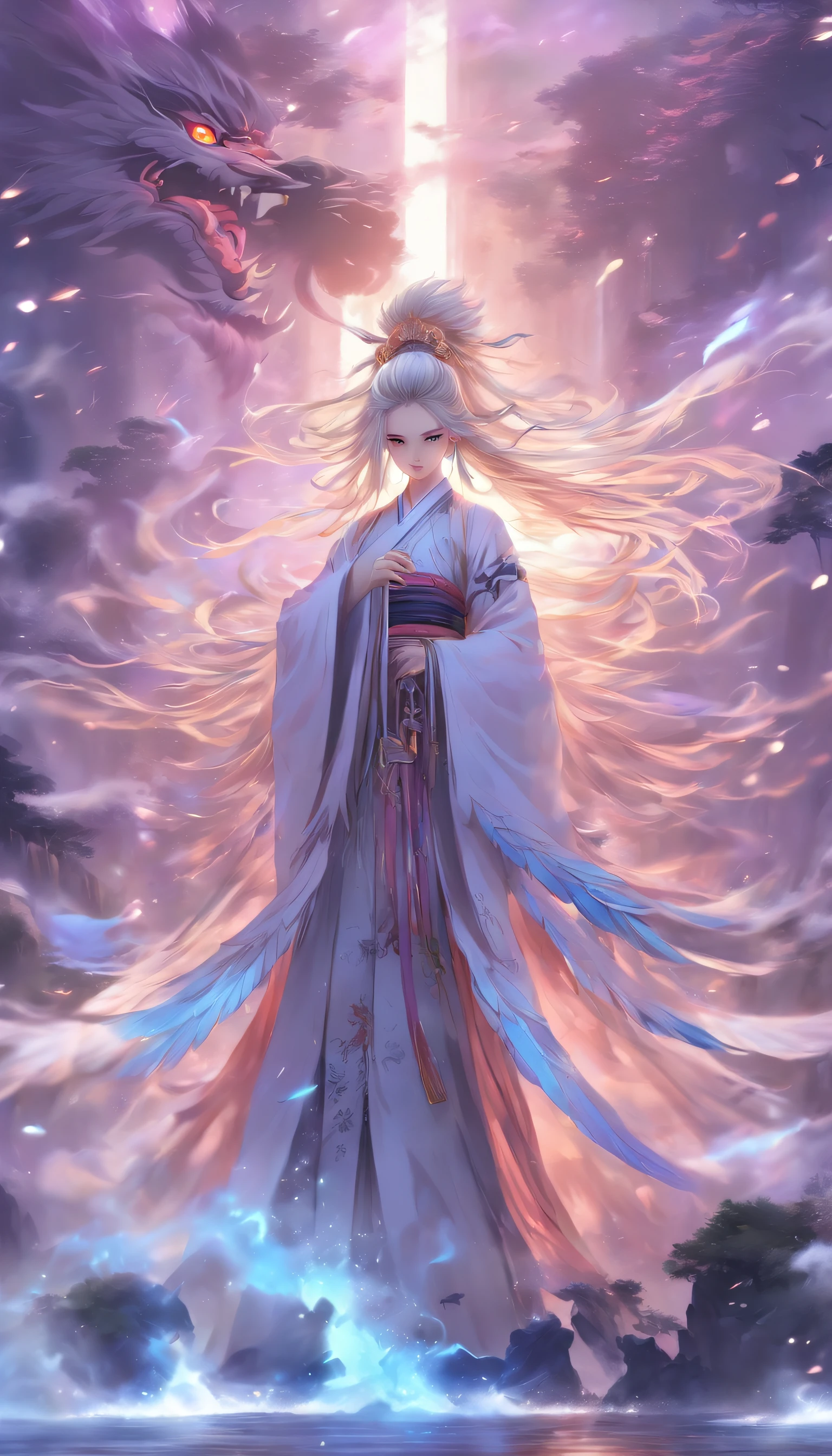 China-style，The medium scene is，The Taoist priest stood in front of a huge transparent Chinese sworel girl, girl vs.,FULL-BODY ESBIAN,white color hair, ancient white clothes, devilish white tail，There are hairs at the ends,,,,, white skinned, Large white wings,Lots of feathers floating、Angelic、Reach out her hand，Long messy hair，glowing effect，hyper realisitc，ultra real photo，Chinese black and white ink style，The purple，decolorization，soiled，Inky，8K，ultradetailed，high high quality，Overclocked renderer