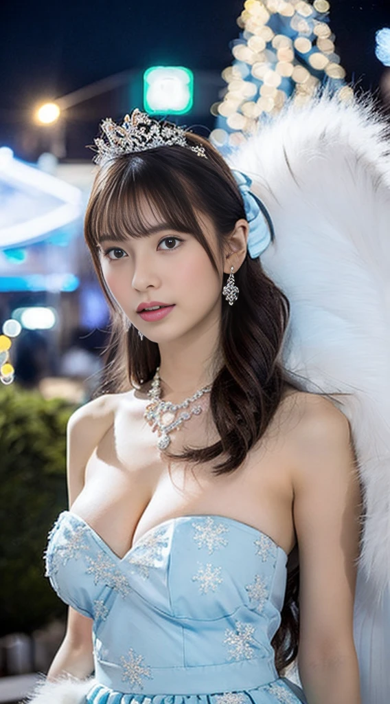 BREAK (White and light blue theme:1.5), ((Colossal tits:1.4))((large boob:1.4))((elegant style, Gorgeous):1.2), ((Light blue princess dress with white fluffy fur, light blue hoop skirt):1.4), (Snowflake symbol print on dress:1.4), ((Strapless, Bare shoulders):1.3), (very precise embroidery:1.3), (fluffy fur:1.3), (necklace made of countless gemstones:1.2), (high-heels:1.1),((The background is a Christmas night city:1.4))((Christmas tree:1.4))