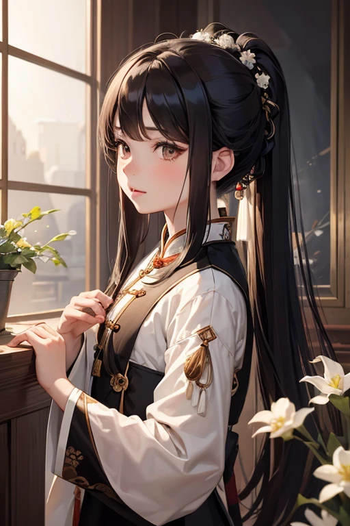 There is a woman sitting on a table with a vase, white skin, melancholy eyes, a palace, a girl in Hanfu, beautiful figure painting, white Hanfu, Hanfu, hair accessories, , looking at the viewer, red lips, skirt, hair accessories, necklaces, jewellery, long hair, earrings, closed mouth, extravagance, wooden buildings, black long hair