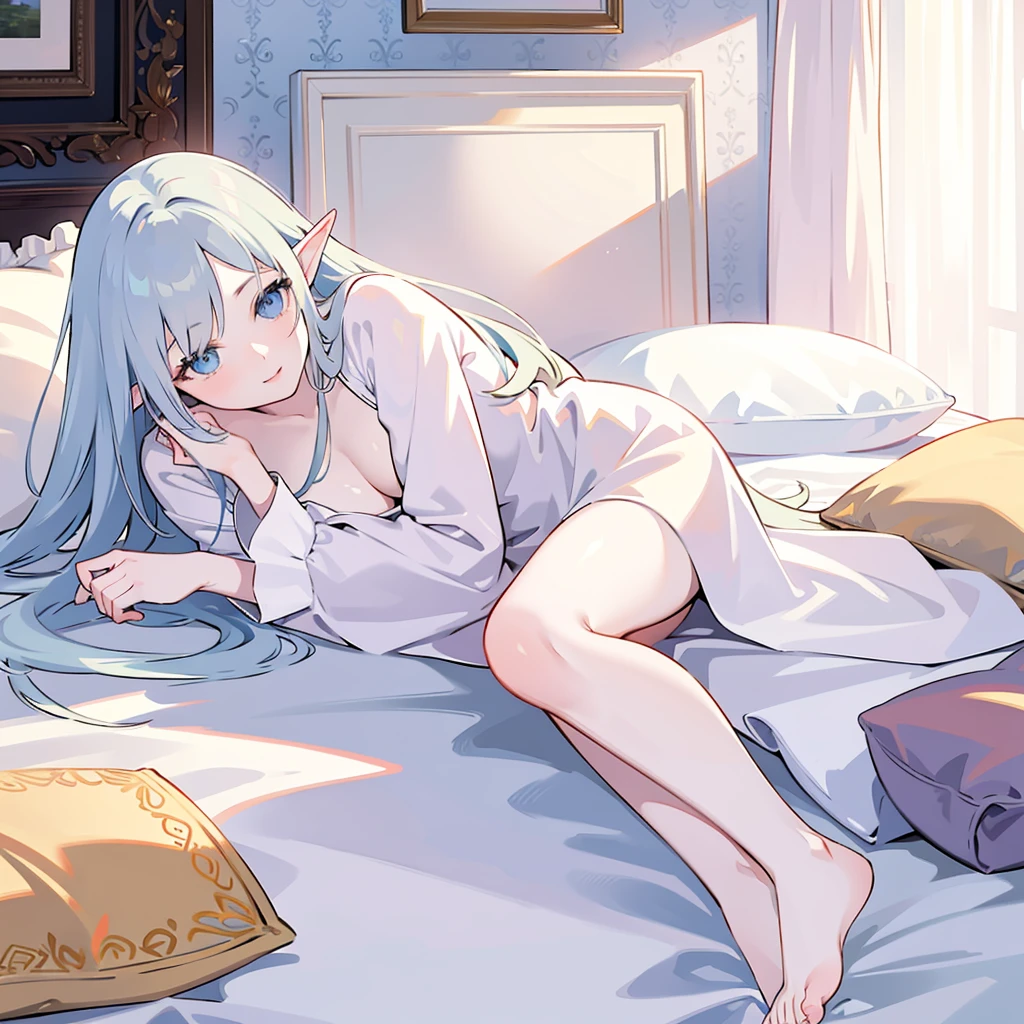 (photorealistic:1.4), (masterpiece, sidelighting, finely detailed beautiful eyes: 1.2) A photo of sexy beautiful elf female flexing warrior full body close-up shot looking to the viewer, top quality, high quality, high definition, 4K, inside a bedroom background, bed, pillow, sheet, barefoot