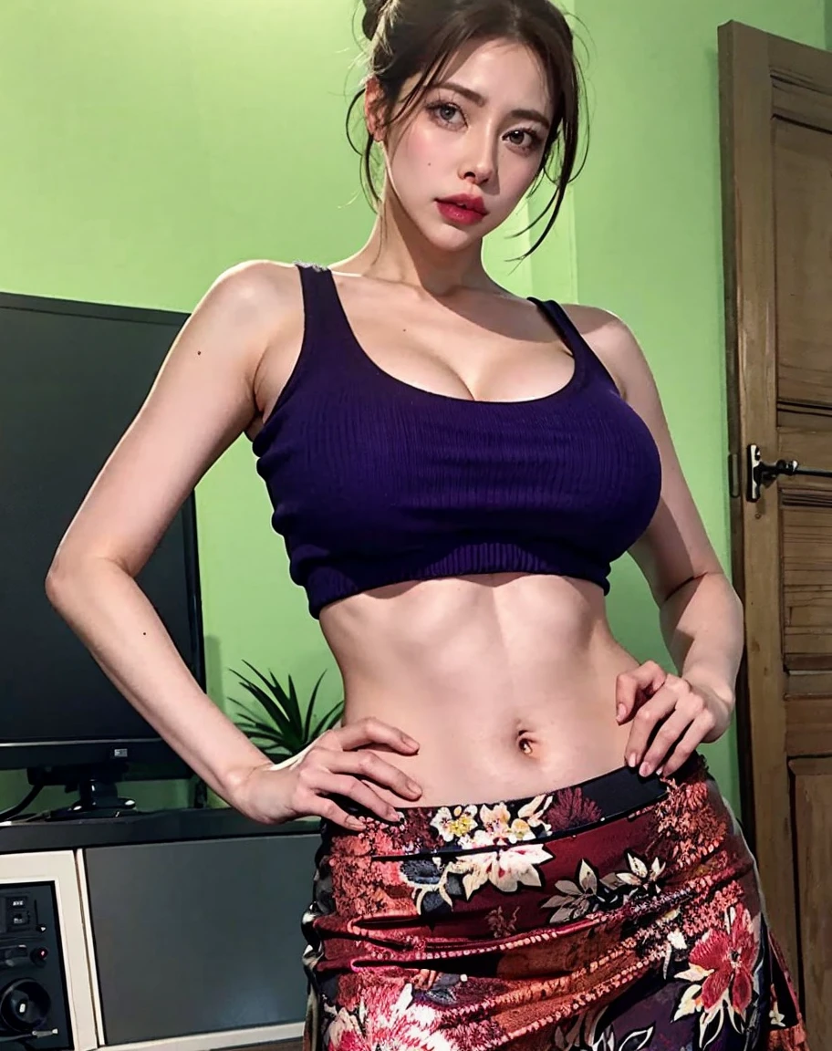 masterpiece:1.5, best quality:1.5, aesthetic, 1girl, sidelocks, cinematic lighting, sharp focus,large breasts , mature female, horny ,16k, glowing eyes, detailed 4k eyes, blushing,
playground,seduction,sexy lips, parted lips,detailed lips, high detailed background,((big purple eyes)), detailed face,shiny skin,
auntjunev3,auntjune,,hair bun, bangs, messy hair,
Pink skirt, solo, brown hair, breasts, sleeveless, looking at viewer, large breasts, brown eyes, holding, floral print skirt, bare shoulders, indoors,red sweater, short hair,hand on hip, pencil skirt, showing belly button