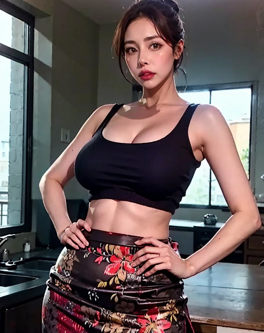 masterpiece:1.5, best quality:1.5, aesthetic, 1girl, sidelocks, cinematic lighting, sharp focus,large breasts , mature female, horny ,16k, glowing eyes, detailed 4k eyes, blushing,
playground,seduction,sexy lips, parted lips,detailed lips, high detailed background,((big purple eyes)), detailed face,shiny skin,
auntjunev3,auntjune,,hair bun, bangs, messy hair,
Pink skirt, solo, brown hair, breasts, sleeveless, looking at viewer, large breasts, brown eyes, holding, floral print skirt, bare shoulders, indoors,red sweater, short hair,hand on hip, pencil skirt, showing belly button