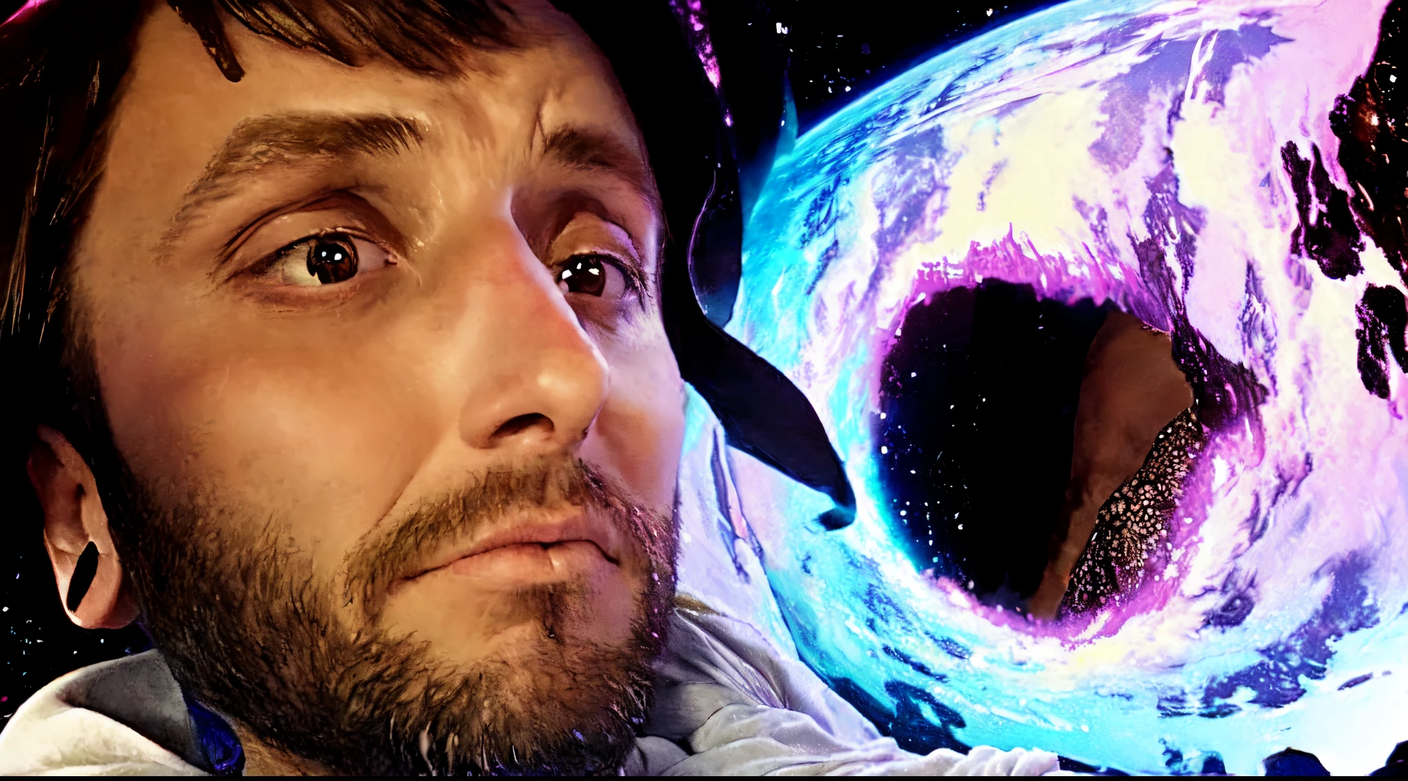 a man entering a black hole, experiencing the effects of spaghettification near the event horizon, with a backdrop of unsettling cosmic scenery, fearful facial features and despair look, reaching out for help