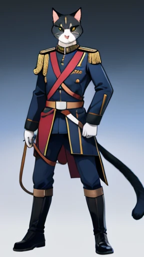 cat standing,Full body like,Commander rank,Wearing commander's clothes,The expression is serious,Right body whole body,clean backdrop。