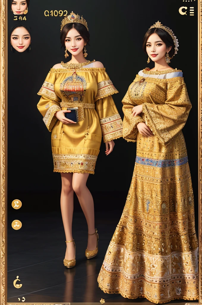 ((Masterpiece, best quality,edgQuality)),seductive smile, woman,standing up,posing for a picture,
edgByz, a woman wearing a dress with embroidery,crown ,wearing edgByz fashion, mosaic golden print
gigantic breasts, (on the screen of smartphone camera app frame:1.3)