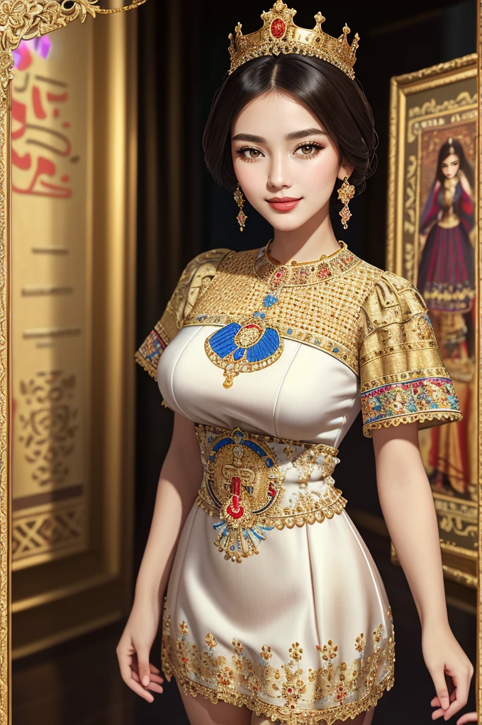 ((Masterpiece, best quality,edgQuality)),seductive smile, woman,standing up,posing for a picture,
edgByz, a woman wearing a dress with embroidery,crown ,wearing edgByz fashion, mosaic golden print
gigantic breasts, (on the screen of smartphone camera app frame:1.3)