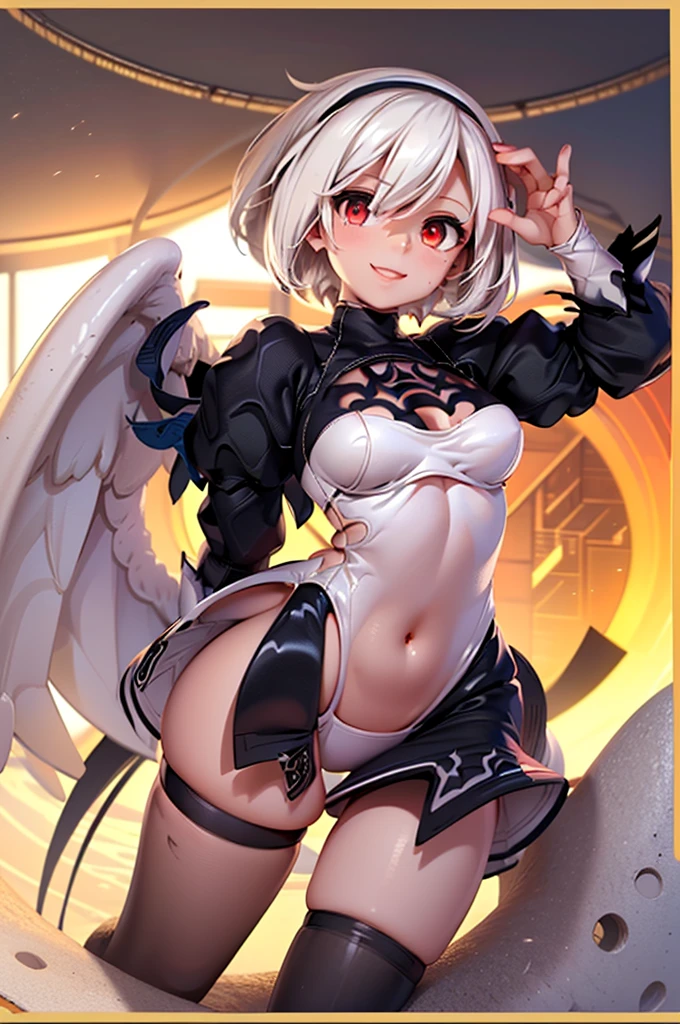 illustration, ((((1persona)))), 8k, UHD, Fondo de pantalla HD, illustration, 1girl, (((IrisViel von Einzbern))), (((cabello largo))), (((venda negra para los ojos))), (((destino/caleid liner prisma illya))), (((Atuendo de 2B))), (((They are smiling))), (((Pose linda))), (((Pose de victoria))), (((Nier suit))), (((cuerpo completo))), (((They are smiling))), (((cuerpo completo))), obra maestra, mejor calidad, ((obra maestra)), ((mejor calidra descarrilado)),