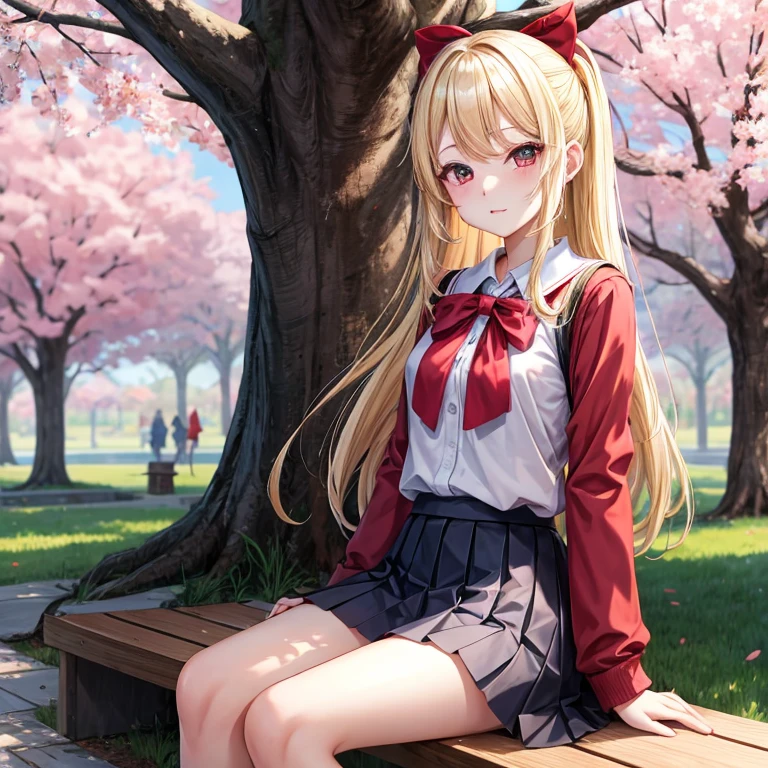 A blonde、red eyes、a pretty girl、and soul、student clotheini-skirts、a park、Sit on it、natta、cherry tree