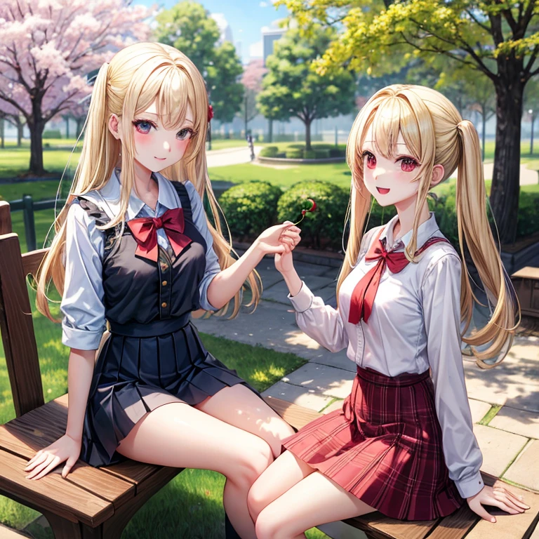 A blonde、red eyes、a pretty girl、and soul、student clotheini-skirts、a park、Sit on it、natta、cherry tree