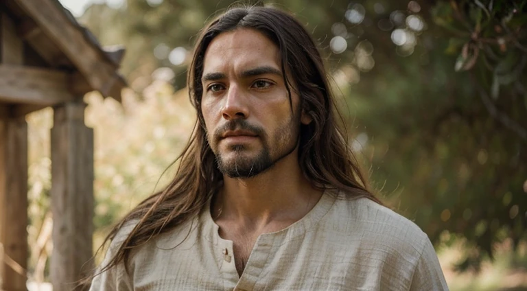 "Create a high-definition visual representation of Jesus Christ as an adult, clearly highlighting masculine facial features, expressions that emanate serenity and compassion. Be sure to emphasize simple, humble attire that reflects the historical figure. Esta imagem deve capturar a masculinidade e a divindade de Jesus, providing authentic and spiritually profound insight."