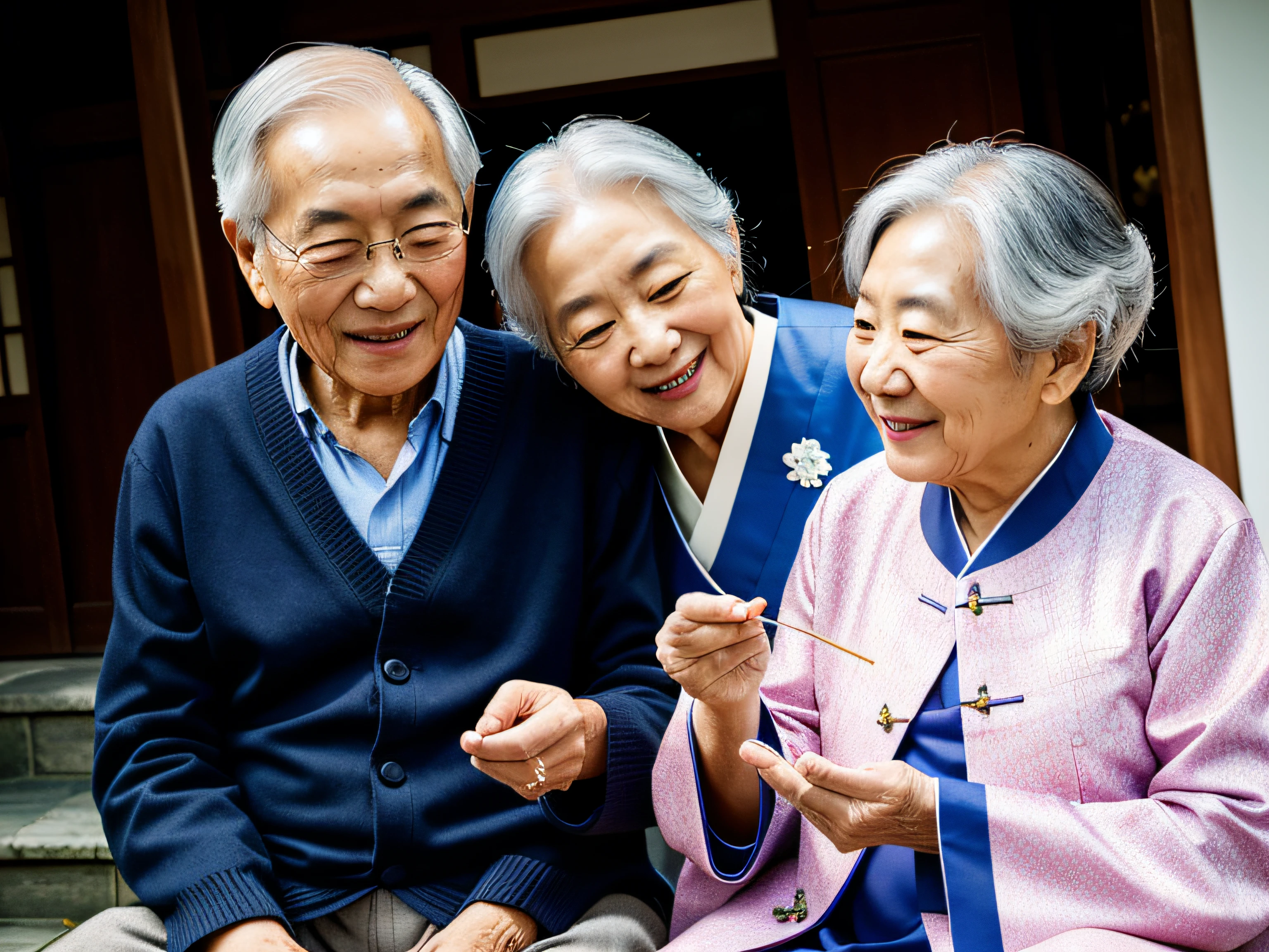 (A happy and peaceful fall evening with Korean grandparents)
Girl playing with colorful kites in a beautiful garden,Bright sunlight is casting warm colors on the scene.., A gentle wind sways the trees gracefully,Happy laughter fills the air., A tranquil atmosphere surrounding the garden,vibrant and blooming, A winding pathway surrounded by neatly trimmed hedges.,Beautiful fountain in the center,water sparkling in the sunlight,Cozy seating area with traditional tea house,A small pond where playful koi fish swim gracefully.,Fluttering butterflies add magic to the scene.,Korean elderly couple sitting on a wooden bench,Smiling and holding hands,Their faces shining with joy and satisfaction,Grandfather wearing traditional hanbok,Grandmother wearing a colorful jeogori, The soft, golden glow of a sunset,Create picturesque and warm moments,feeling of love and togetherness, celebration of family and happiness,(Best Quality, high resolucion),Very delicate renderings and vivid colors,create a masterpiece of painting.