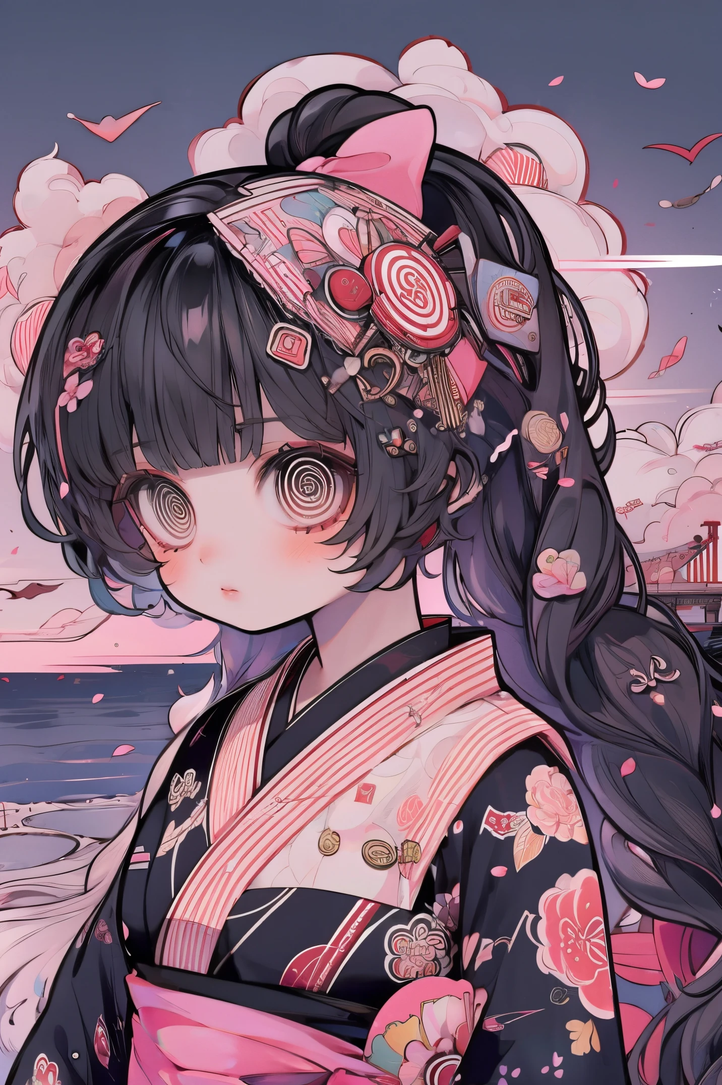 1girl,black hair, floating hair, seaside,scenery,landscape,cherry blossoms, falling petals, sunbeam,god rays,upper body,  RENGE,DRESS,KIMONO