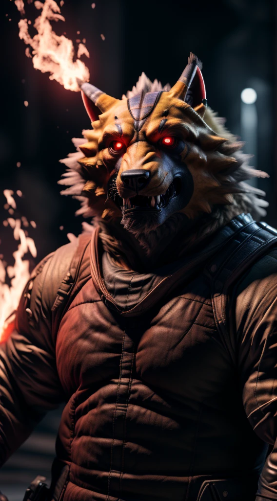 (best quality,16k,32k,highres,masterpiece:1.2),ultra-detailed,(realistic,photorealistic,photo-realistic:1.37),(The ultimate Orochi Kyle) glowing red eyes realistic fire background of totally destroyed USA alone looking at the camera serious expression.