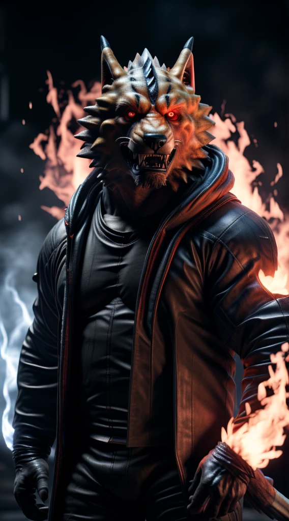 (best quality,16k,32k,highres,masterpiece:1.2),ultra-detailed,(realistic,photorealistic,photo-realistic:1.37),(The ultimate Orochi Kyle) glowing red eyes realistic fire background of totally destroyed USA alone looking at the camera serious expression.