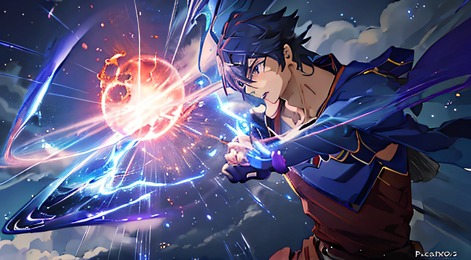 personaje de anime con una luz roja en la mano, an epic anime of an energy man, Fotograma de anime de TV, Captura de pantalla de un anime de 2012, today's featured anime still, Screenshot of anime movie, azul - mago de pelo, Mana shooting from his hands, Anime popular de Isekai, 2 0 1 9 anime captura de pantalla, estilo anime como faay night