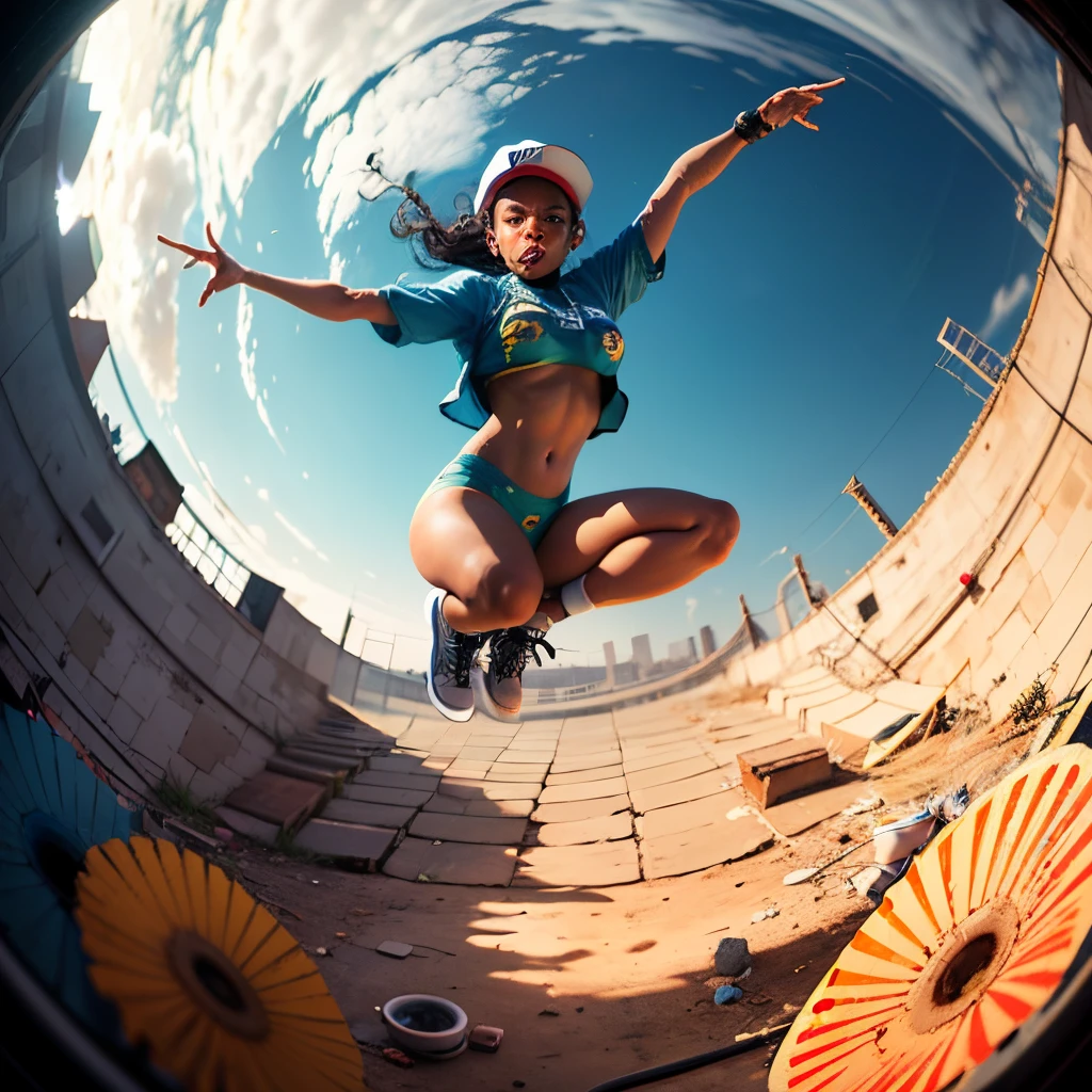 Step into a visually descriptive and detailed world with a fisheye lens 2.0 view of an African woman in a colorful hiphop outfit, her cap adding a touch of street style as she jumps from the ground, the bursting colors beneath her feet creating a stunning and unique image. --auto --s2