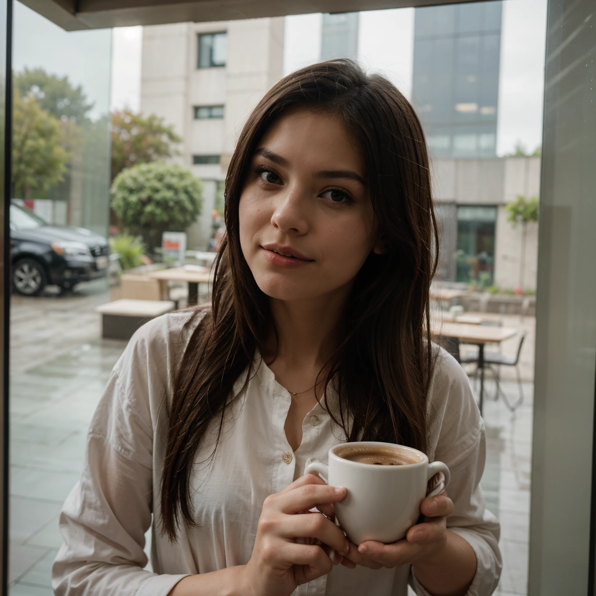 Beautiful girl on a glass house
Hands on a cup of coffee
On the rainy day