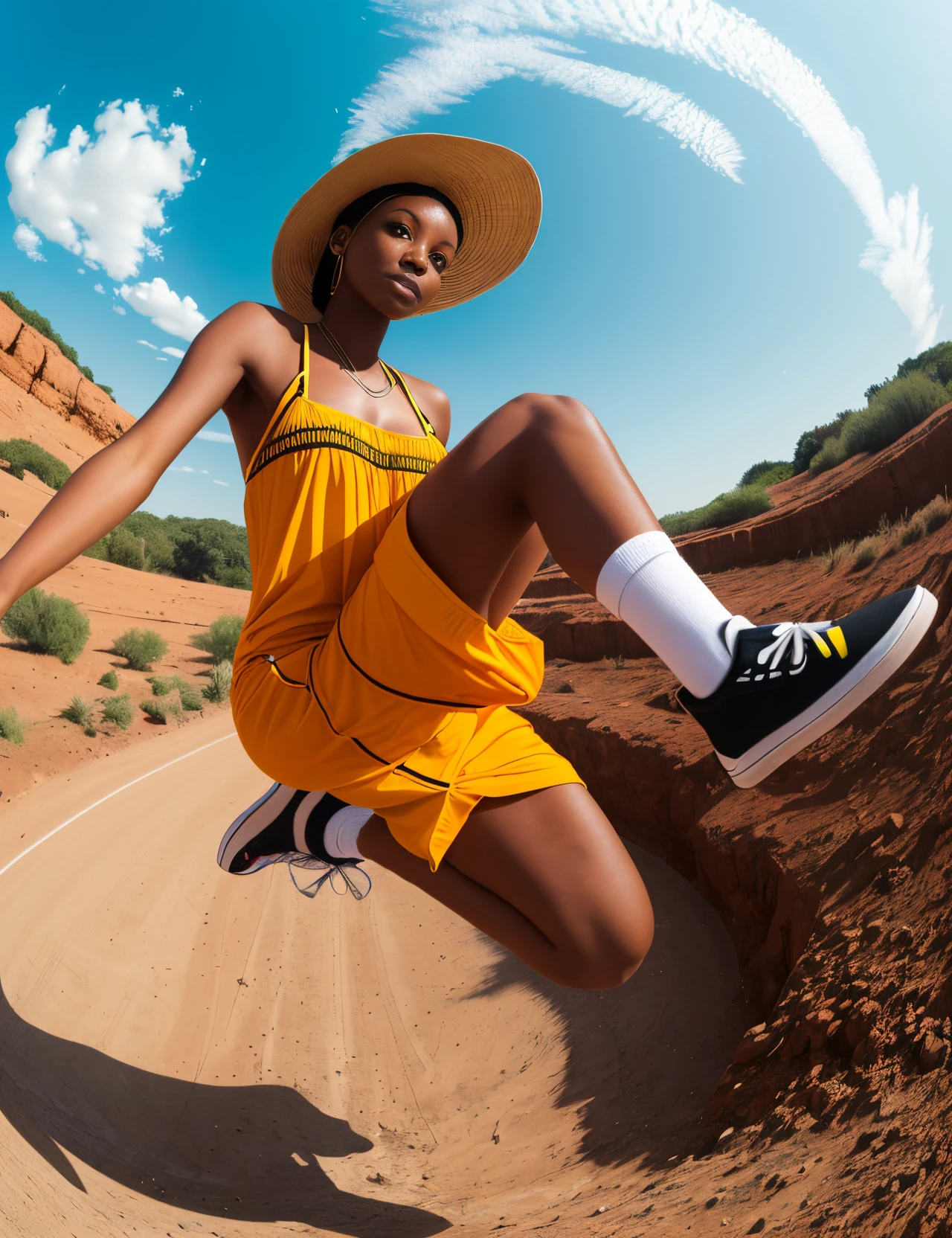 Step into a visually descriptive and detailed world with a fisheye lens 2.0 view of an African woman in a colorful hiphop outfit, her cap adding a touch of street style as she jumps from the ground, the bursting colors beneath her feet creating a stunning and unique image. --auto --s2