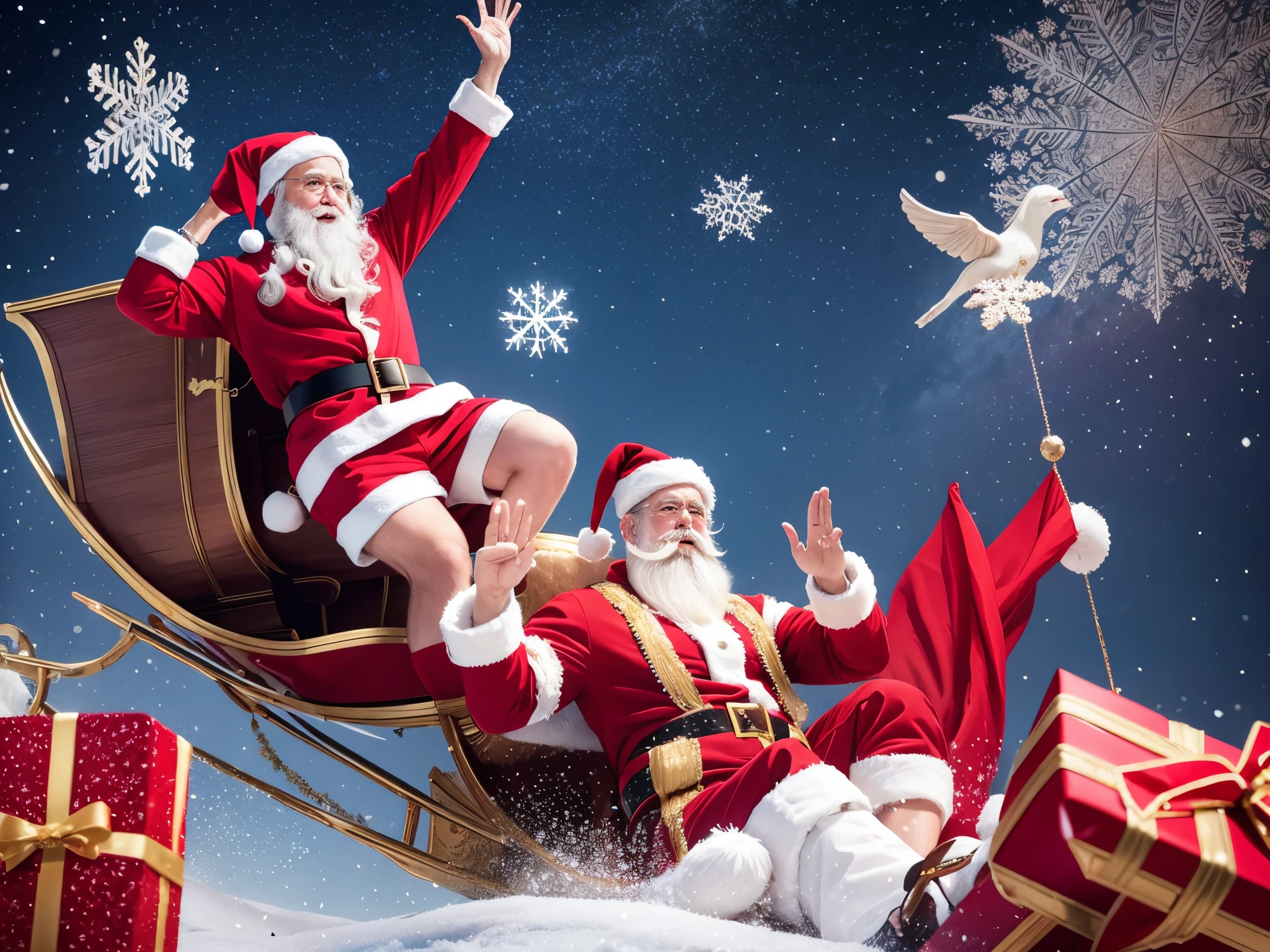 Illustrate Santa and his sleigh executing an elegant dance in the sky, surrounded by cascading fractal snowflakes and presents suspended in mid-air. enormous tits