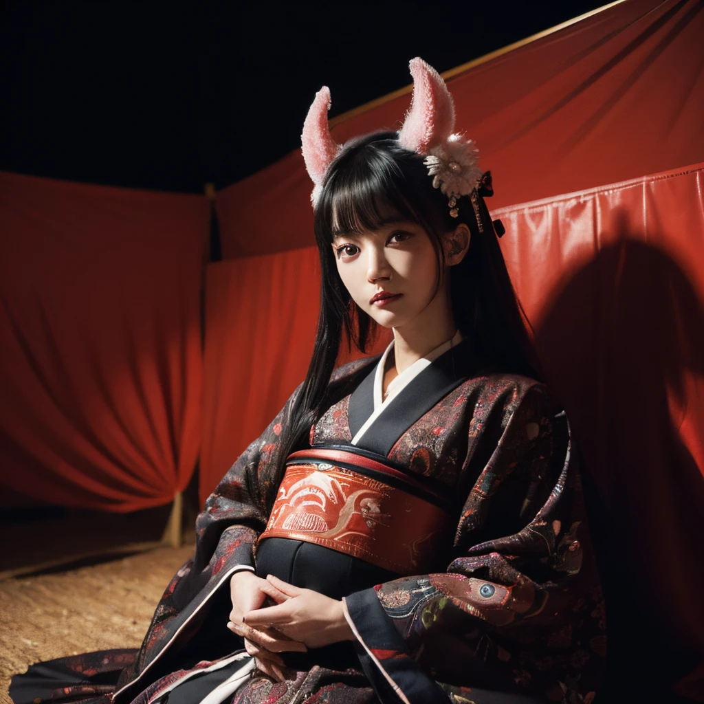 (1 girl:1.2), Alone, Himekat,traditional Japanese outfit, red eyes,Stylized, Joe GB Fenton, An expressionless black and white photo, camping, Unsightly, Gnawing, jealous, Prendergast (lovecraftian),chill out, Smile gently, wayne barlowe,, in gochuumon wa usagi desu ka? Stylized, 's