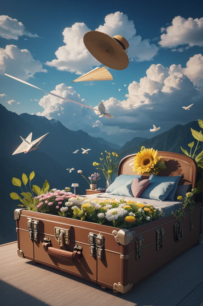 There is a suitcase with a straw hat on top, clouds, atmosphere, leaves, chrysanthemums floating in the air, paper airplanes, (miniature: 1.2), 2.5d illustration, 3d rendering, 3d modeling, bubble matt, trend in behans 3d art, trend in behans 3d art, 3d illustration, 3d illustration, 3d illustration, commercial illustration, cinema 4d color rendering, 3d rendering stylization, stylized digital illustration, 3d stylized scene, stylized 3d rendering