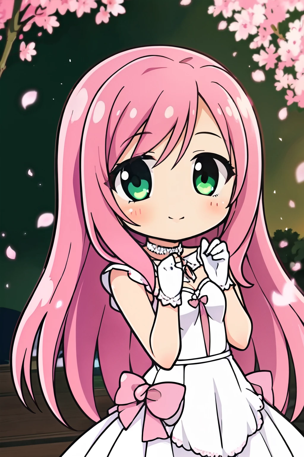 1 girl, 28 years old, Long pink hair, green eyes with slit pupils, Small breasts, master piece, Best Quality, Proportional body, Proportional, Wedding Dresses, white wedding dress, Long skirt, Wedding, Under the cherry blossom tree background, Cherry blossom petals are falling, plein air, Wedding, Upper body, The sky is beautiful, Both hands hold a bouquet of flowers, White Gloves, Make eye contact with the camera, (light_Smile:1.5), (Detailed hands and fingers:1.2)