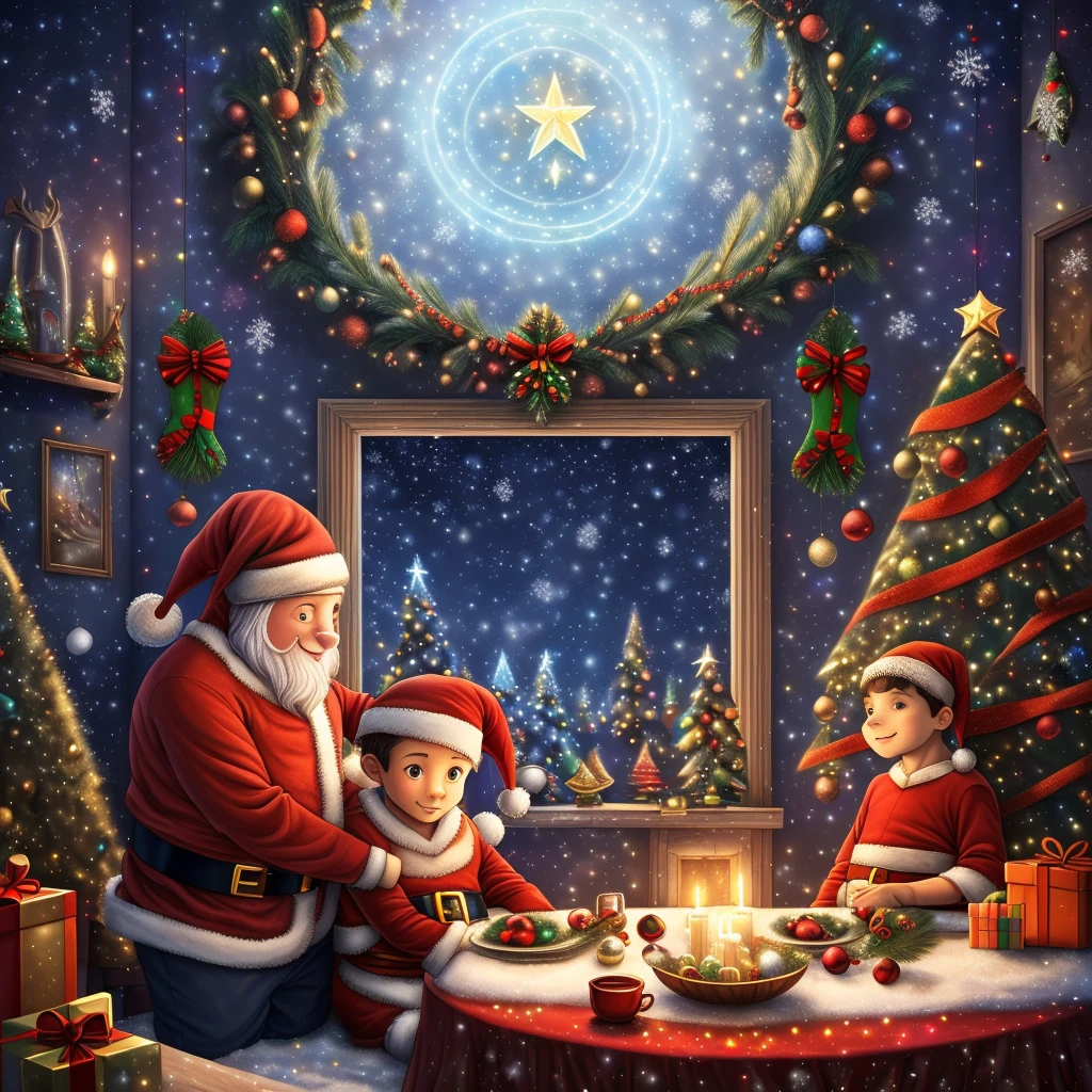 (Best quality at best, 8K, A high resolution, tmasterpiece:1.2), ultra - detailed, (actual, realistically:1.37), vibrant with colors, magical ambiance, Whimsical, ((A sky full of stars,The North Star shines)),(((Using a illustration style), the room is decorated with a strong Christmas atmosphere. A string of shiny colored lights hangs on the wall, a Christmas wreath and little snowman are placed on the windowsill, and a beautifully decorated Christmas tree stands in one corner of the room. On the table, there is exquisite tableware and red plates. In the center of the table, there is a sumptuous Christmas feast, next to which is a bottle of red wine and two delicate wine glasses. ((A boy wears a cute Christmas hat, and a girl wears a lovely Santa Claus costume, They cuddle together: 1.5)), smiling and looking at each other with happiness and warmth in their eyes. Several scented candles are lit in the room, emitting a faint fragrance. A warm fire burns in the fireplace, bringing warmth and comfort to the entire room. (Ghibli-like colours, first-person view, UHD, masterpiece, ccurate, anatomically correct, textured skin, super detail, high details, high quality, award winning, best quality, 8k))), Surreal, Psychedelic, Complicated details, Beautiful texture, Ethereal, like a dream, Soft glowing light, Charming Patterns, fantastical creature, Hidden surprises, dreamlike landscapes, Surreal color palette, Mystic aura, hyper realisitc, Enchanting journey, psychedelic trip, vivid imagination, immersive experience, mysterious creature, otherworldly charm, glowing paths, Light up the magical Christmas, surreal sky, Whimsical theme park, a magical encounter,Fascinating artwork
