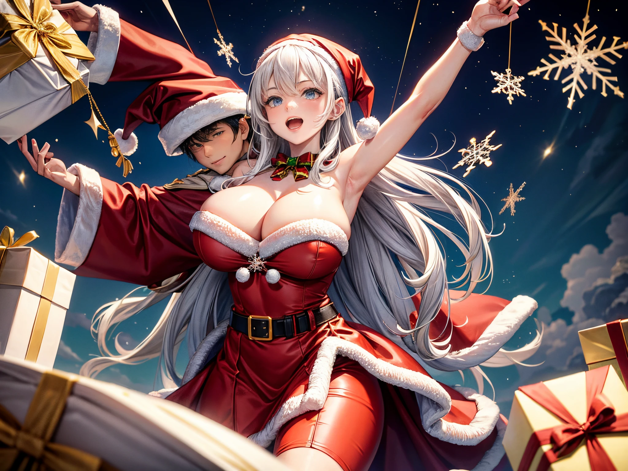 Illustrate Santa and his sleigh executing an elegant dance in the sky, surrounded by cascading fractal snowflakes and presents suspended in mid-air. enormous tits
