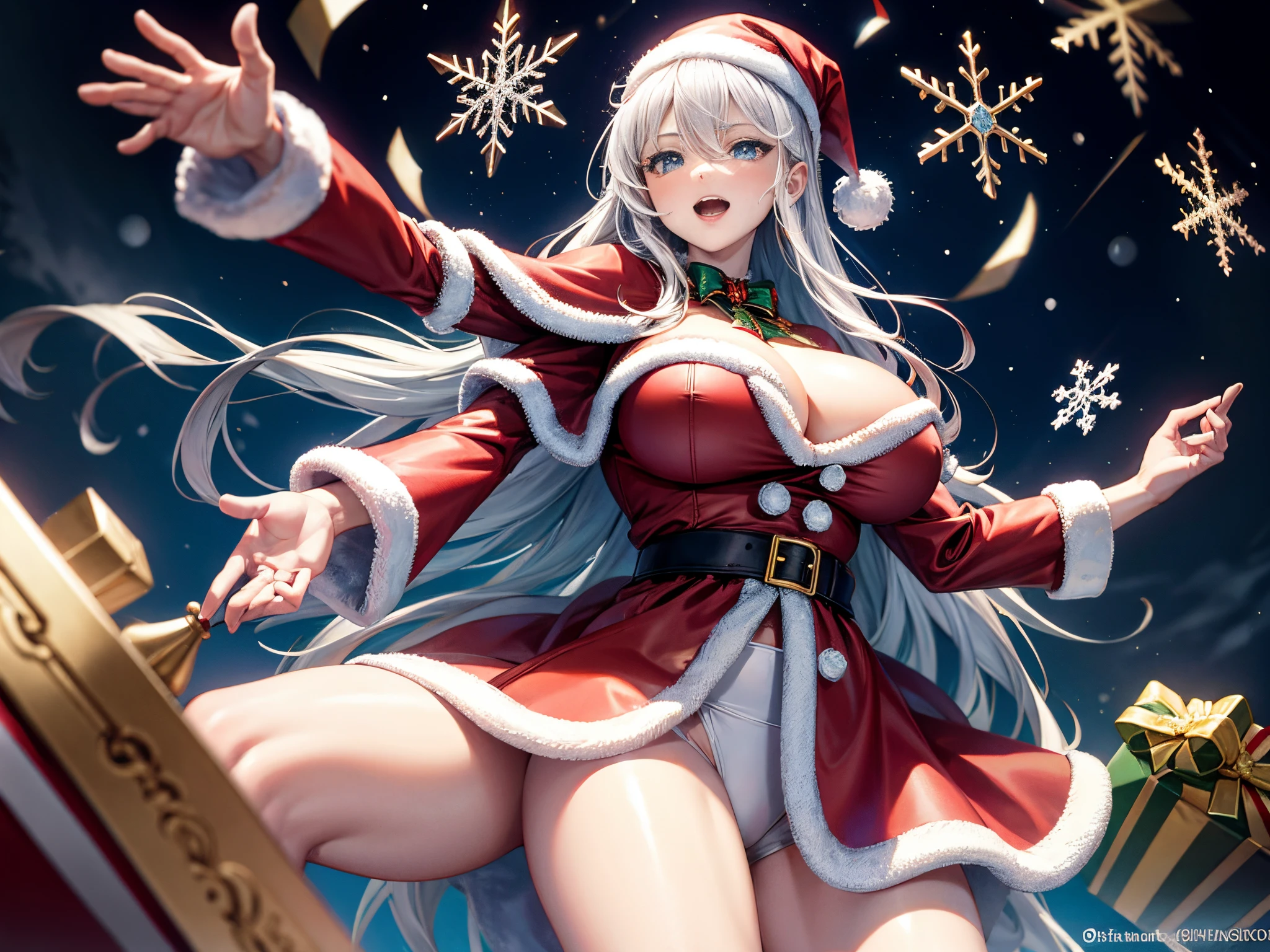 Illustrate Santa and his sleigh executing an elegant dance in the sky, surrounded by cascading fractal snowflakes and presents suspended in mid-air. enormous tits