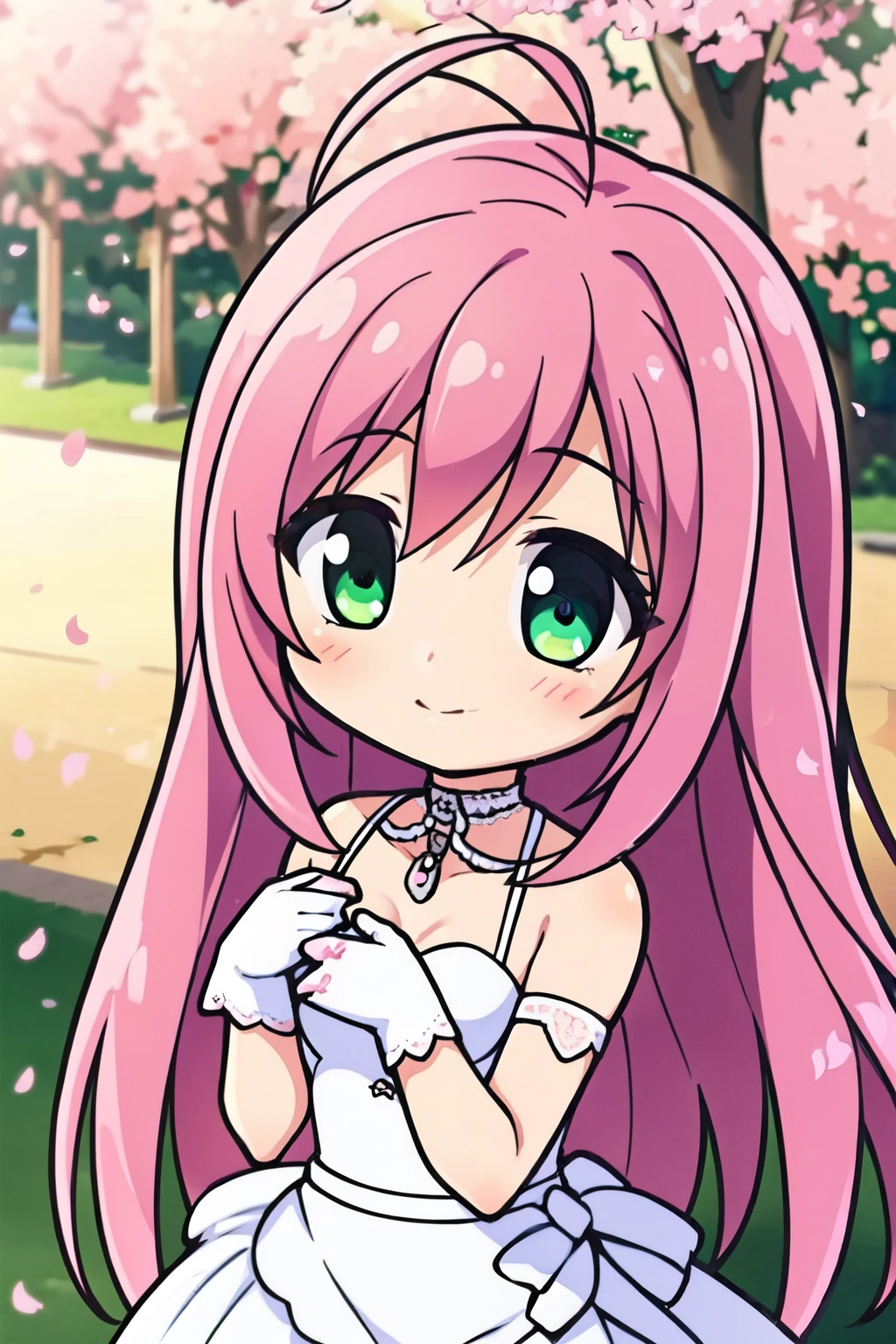 1 girl, 28 years old, Long pink hair, green eyes with slit pupils, cowlick, Small breasts, ​master piece, Best Quality,  Proportional body, Proportional, Wedding Dresses, white wedding dress, Long skirt, Wedding, Under the cherry blossom tree background, Cherry blossom petals are falling, plein air, Wedding, Upper body, The sky is beautiful, Both hands hold a bouquet of flowers, White Gloves, Make eye contact with the camera,  (light_Smile:1.5), (Detailed hands and fingers:1.2)