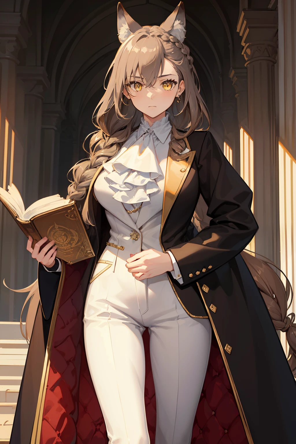 (best quality:1.3), (masterpiece:1.3), (illustration:1.3), (ultra-detailed:1.3), ((Best quality)), animal ears, wolf ears, extra ears, long hair, brown hair, wolf girl, yellow eyes, ascot, white ascot, hair between eyes, closed mouth, jewelry, bangs, large breasts, indoors, standing, serious expression, white long pants, black suit, coat, mature, holding a book, tall, braid, french braid, elegant