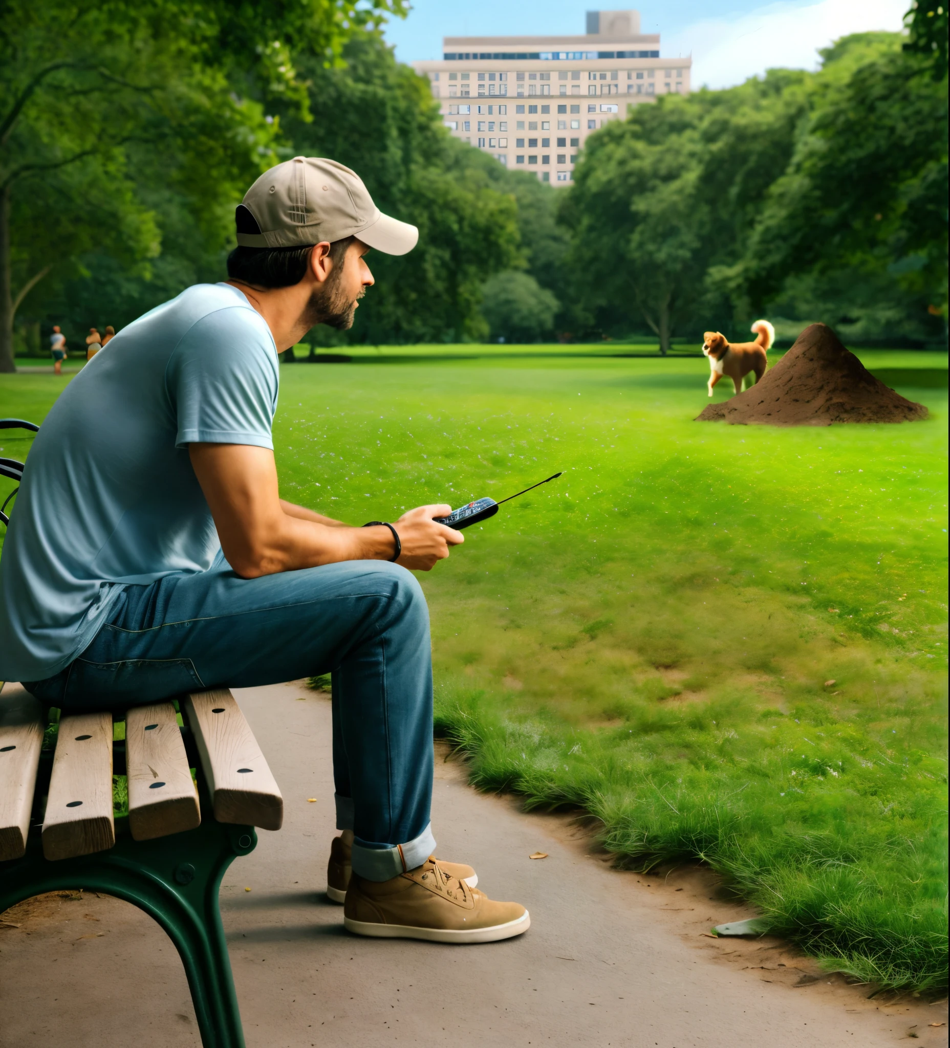 ((Luzes Realistas, Best quality, 8K, tmasterpiece:1.3)), lock focus:1.2,A man in his 40s sits on a chair,Khaki baseball cap,With a dog and a, in a city park, Realistic scenarios, Set in the park, In Park, park in background, Inspired by Chris Labroy, author:Chris LaBrooy, In Park,Bright light