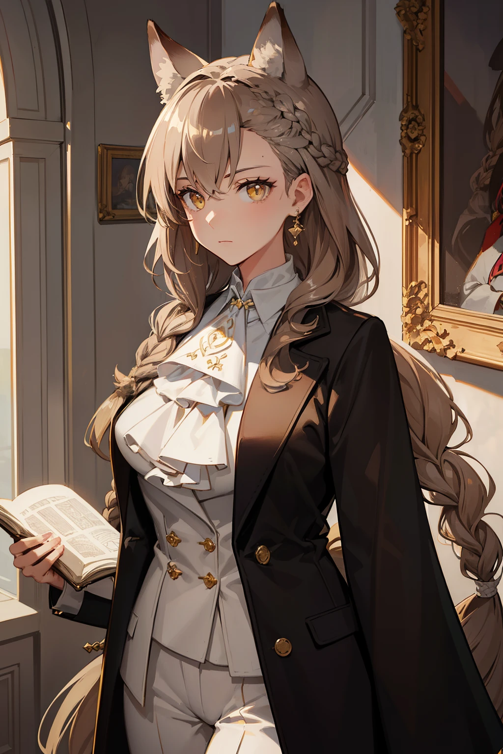 (best quality:1.3), (masterpiece:1.3), (illustration:1.3), (ultra-detailed:1.3), ((Best quality)), animal ears, wolf ears, extra ears, long hair, brown hair, wolf girl, yellow eyes, ascot, white ascot, hair between eyes, closed mouth, jewelry, bangs, large breasts, indoors, standing, serious expression, white long pants, black suit, coat, mature, holding a book, tall, braid, french braid, elegant