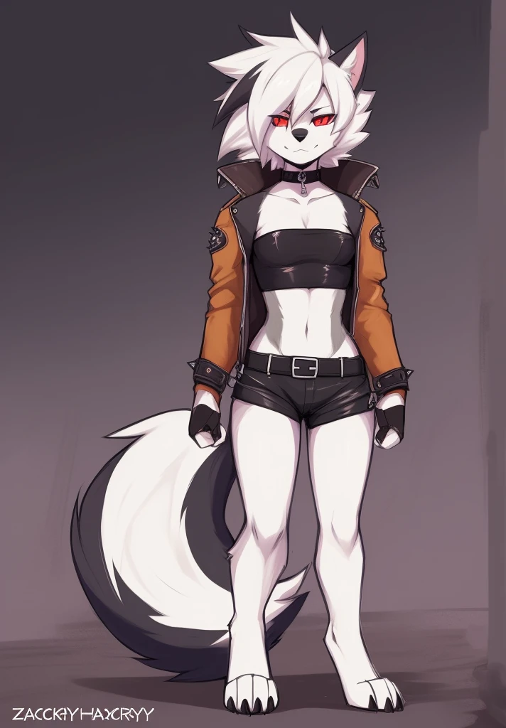 zackary911, by zackary911, anthro, lycanroc, hellhound, ((dark grey fur)), female, solo, 1woman, ((very small breasts)), ((tiny breasts)), leather shorts, husky tail, ((shaggy hair)), ((short white hair)), on e621, choker, leather collar, detailed body, punk style, red sclera, white pupils, digitigrade legs, inviting viewer, ((tube top)), ((mad max jacket)), shoulder pad on right shoulder, D&D Inn scene