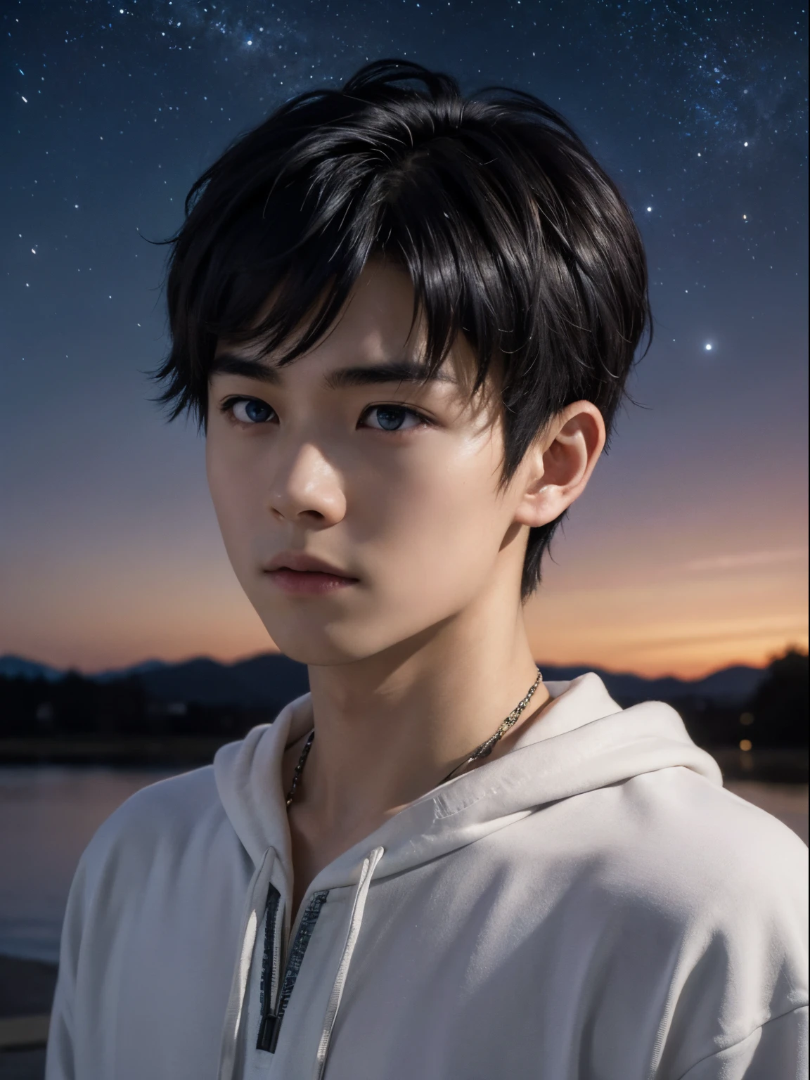 (photorealistic, masterpiece, 8K HD, good lighting quality, portrait, closing up on face, intricate details), a handsome young japanese boy, 15 years old, cute, wistful gaze, detailed face, detailed eyes, looking at the sky, wearing hoodie over shirt, necklace, blue eyes, (pale skin), slim build, black hair, smooth hair, hair bangs, wolf cut hairstyle, outdoors, twilight, stars, cosmical, dreamy world, surrealism, ethereal