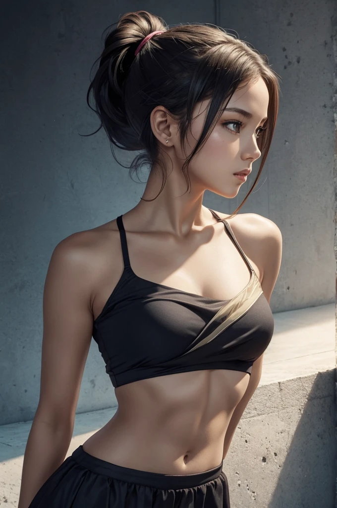 1girl, solo, promo art, by mika pikazo, masterpiece, bare shoulders, ponytail, looking at viewer